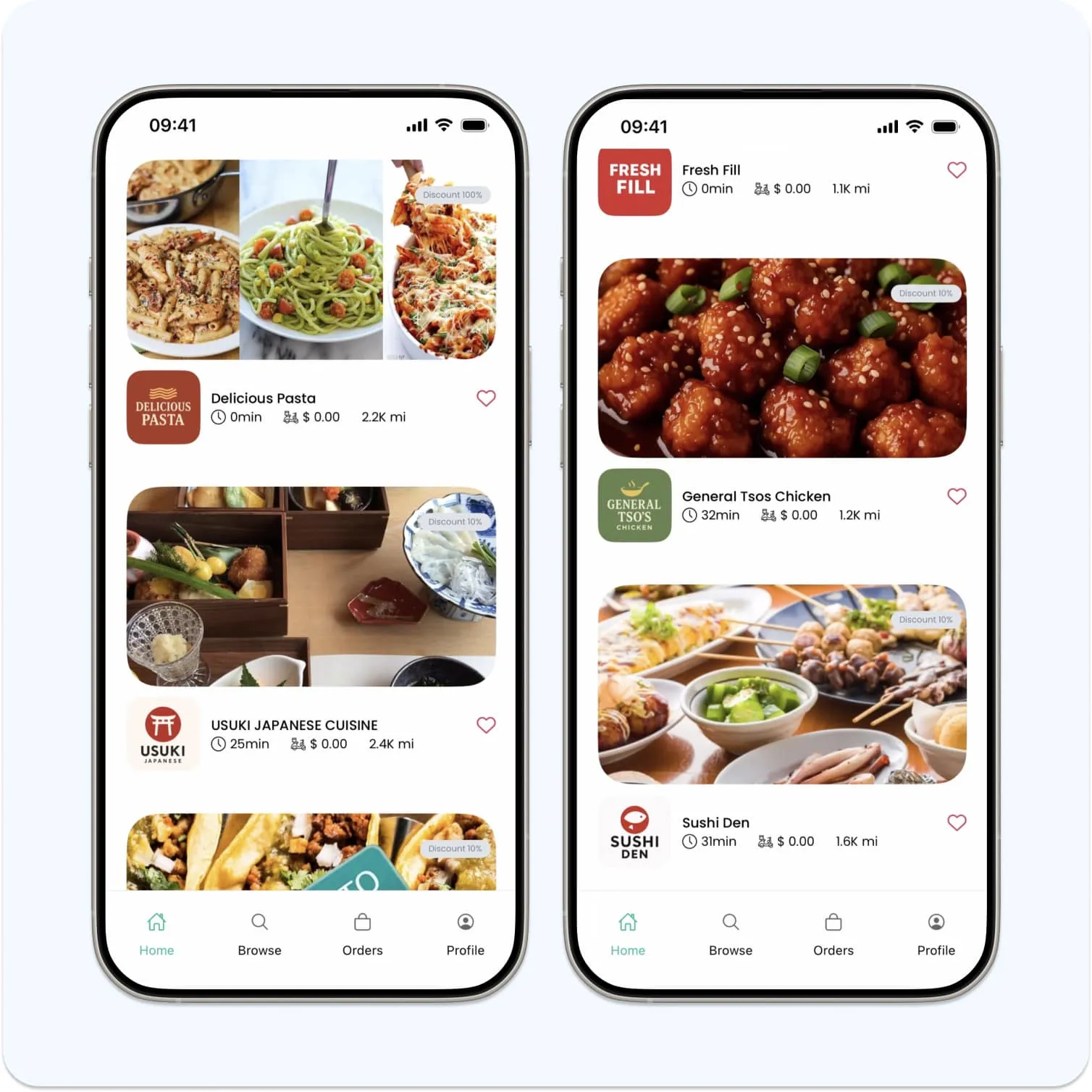 Marketplace App business listings with demo store images, delivery details, and category filters.