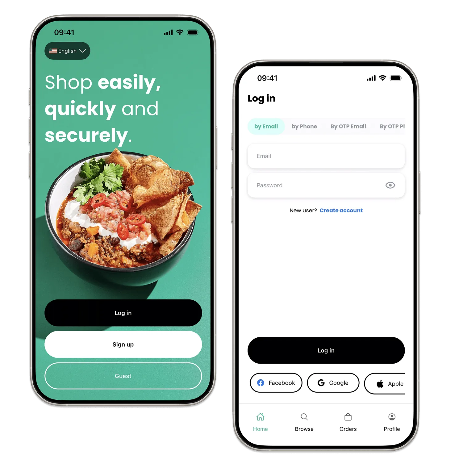 Marketplace App welcome and login screens with guest ordering and sign-in options.