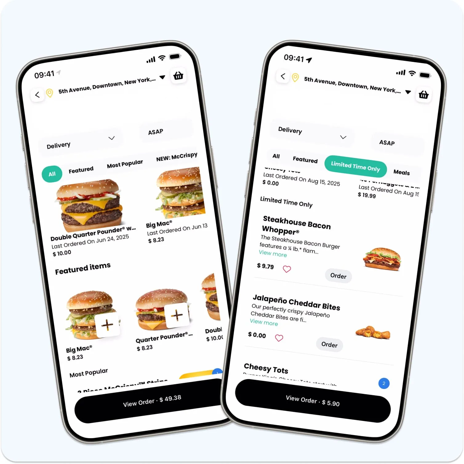 Two phone screens with one restaurant's menu, featured items, and the cart total