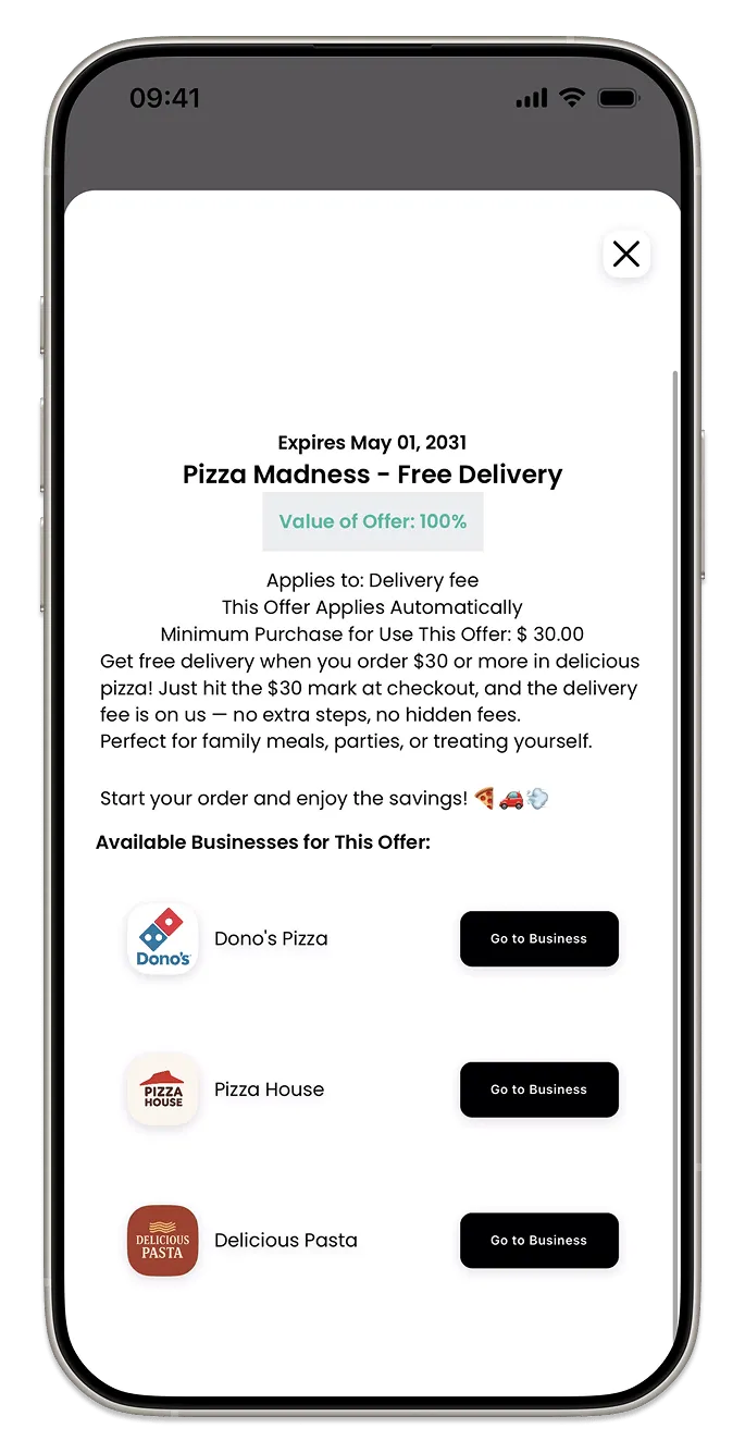 Marketplace App offer detail screen with its demo conditions and participating businesses.