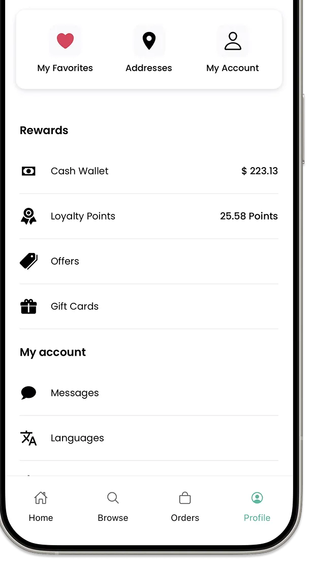 Marketplace App profile showing demo rewards, wallet, offers, and account choices.