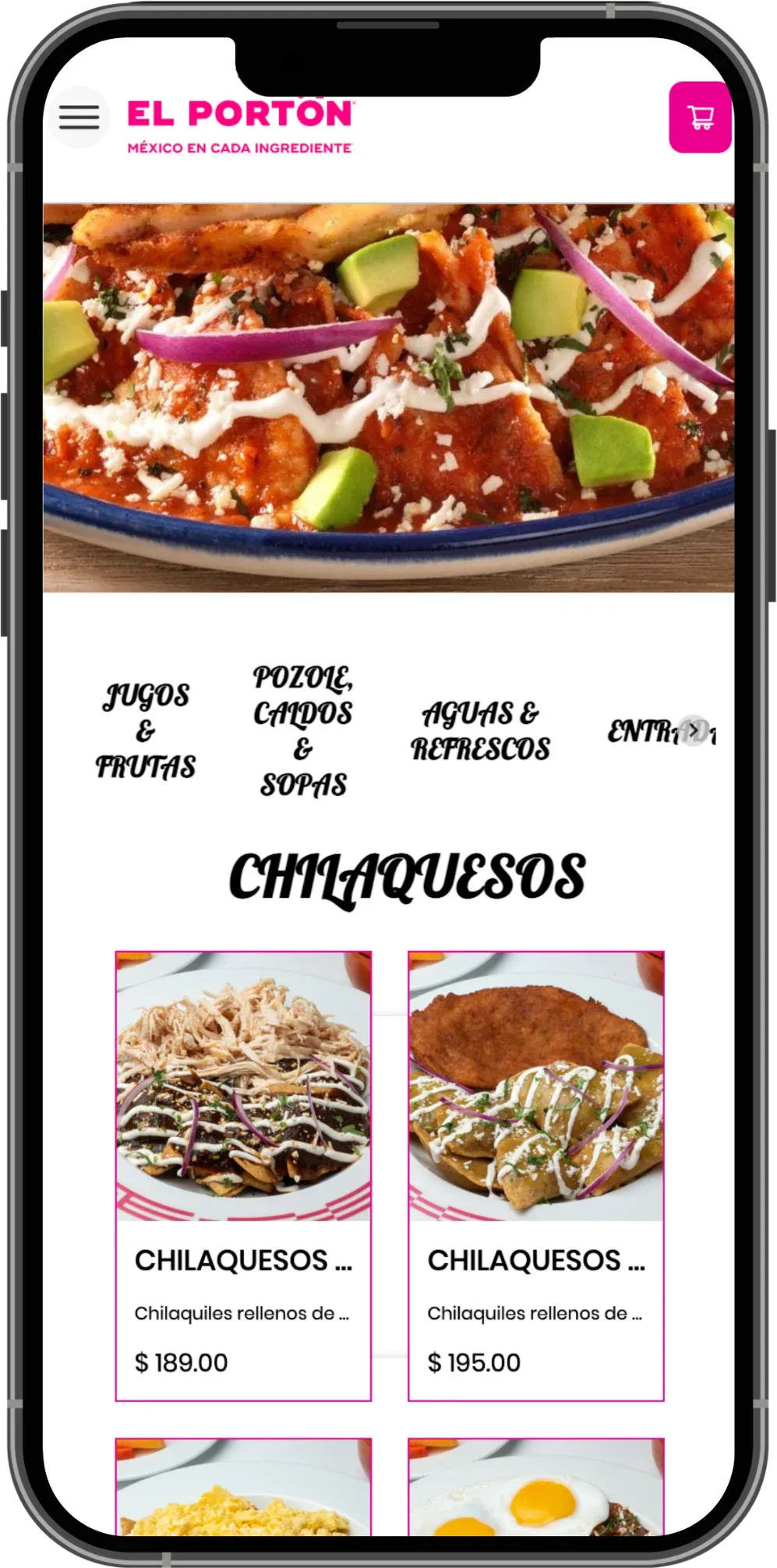 El Portón website on a phone, showing the chilaquesos category with dishes and prices