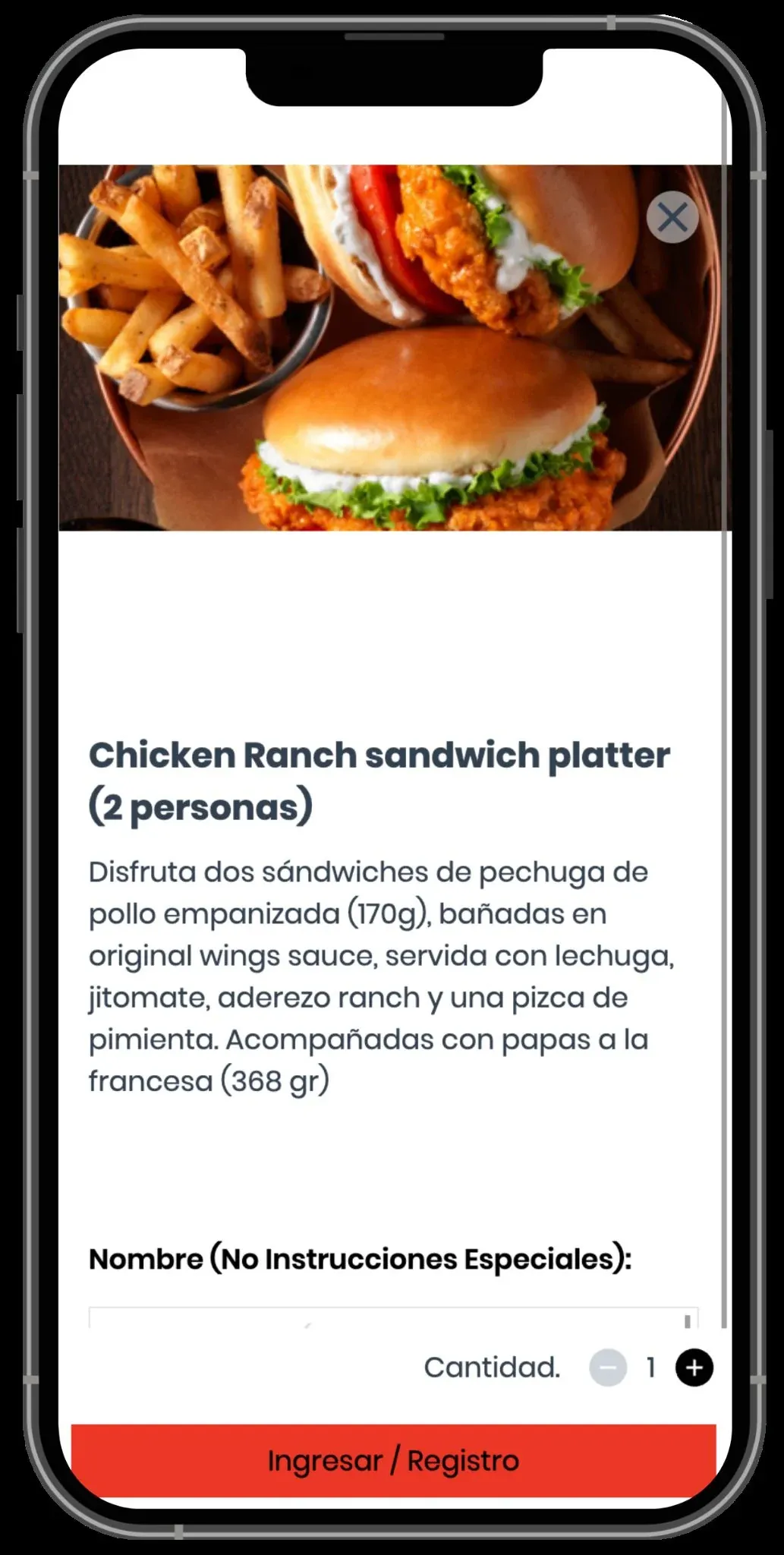 Chili's website on a phone, showing the Chicken Ranch sandwich platter with its description and special instructions