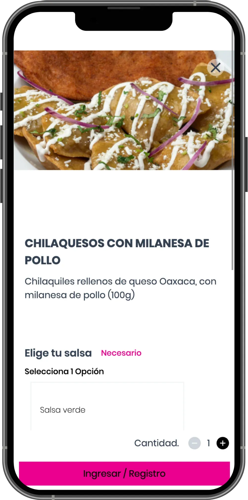 Chilaquesos con milanesa de pollo on the El Portón website on a phone, with a salsa choice, quantity, and a sign-in or registration button