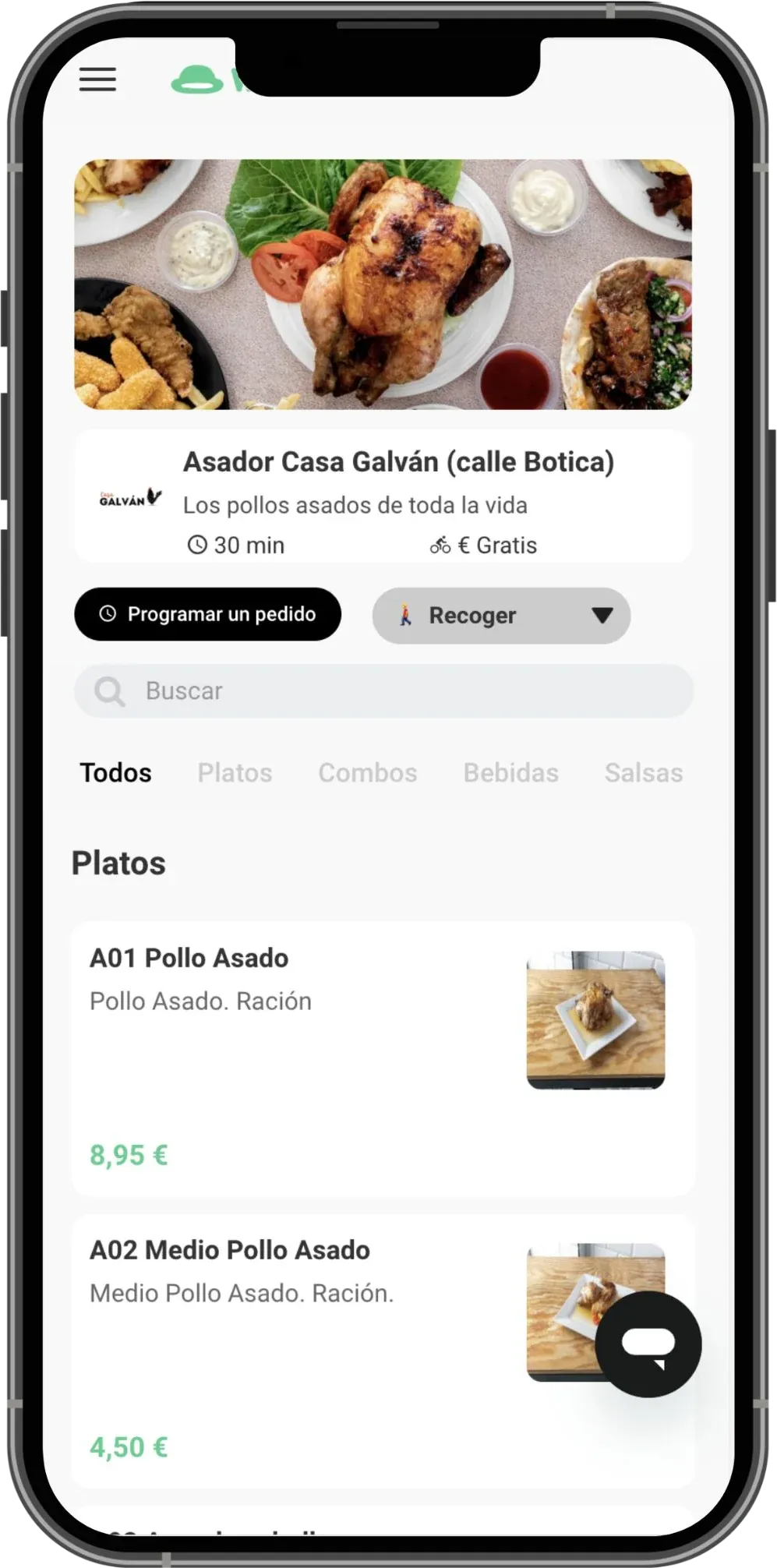 Asador Casa Galván menu on the Watson website, with scheduling and pickup options and roast chicken dishes priced in euros