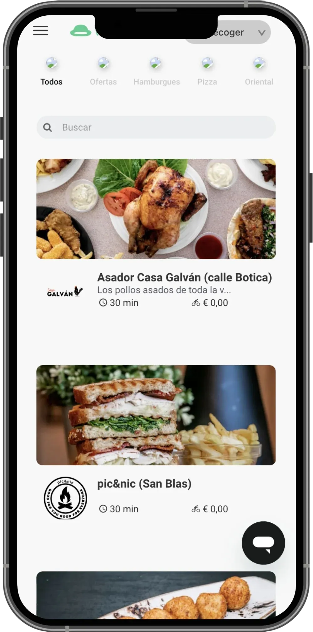 Watson website on a phone listing stores such as Asador Casa Galván and pic&nic, with categories, search, delivery times, and fees