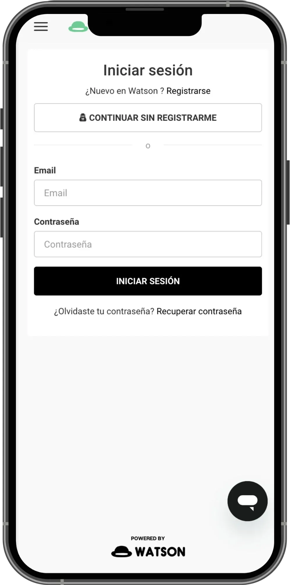 Watson sign-in screen on a phone, with email login, registration, and an option to continue without registering