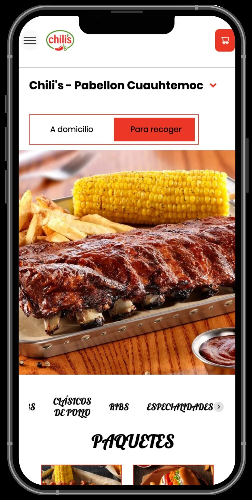 Chili's website on a phone, showing the Pabellón Cuauhtémoc store with delivery and pickup options and menu categories