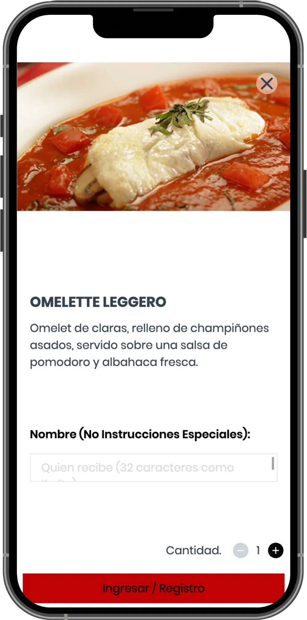 Italianni's mobile website showing the Omelette Leggero dish with its description and quantity