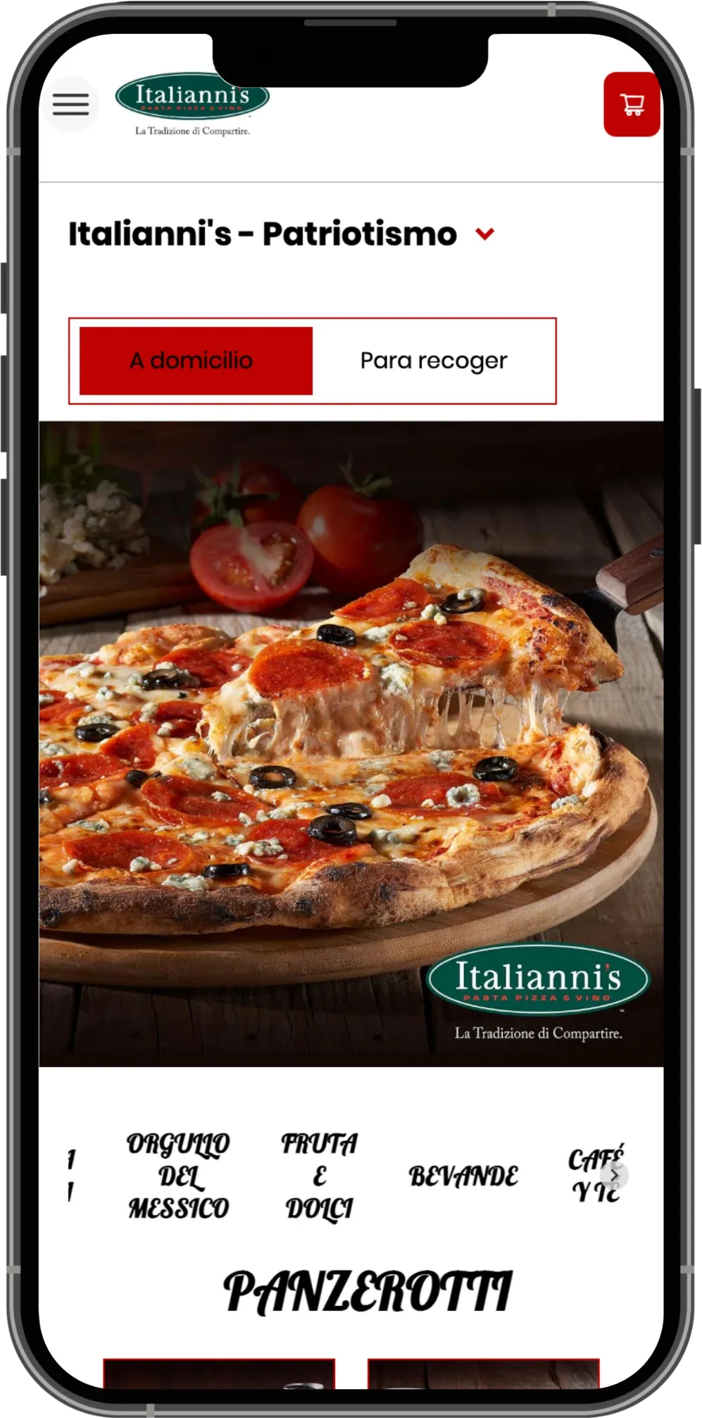 Italianni's ordering website on a phone, with the Patriotismo location, delivery and pickup options, and a pizza banner