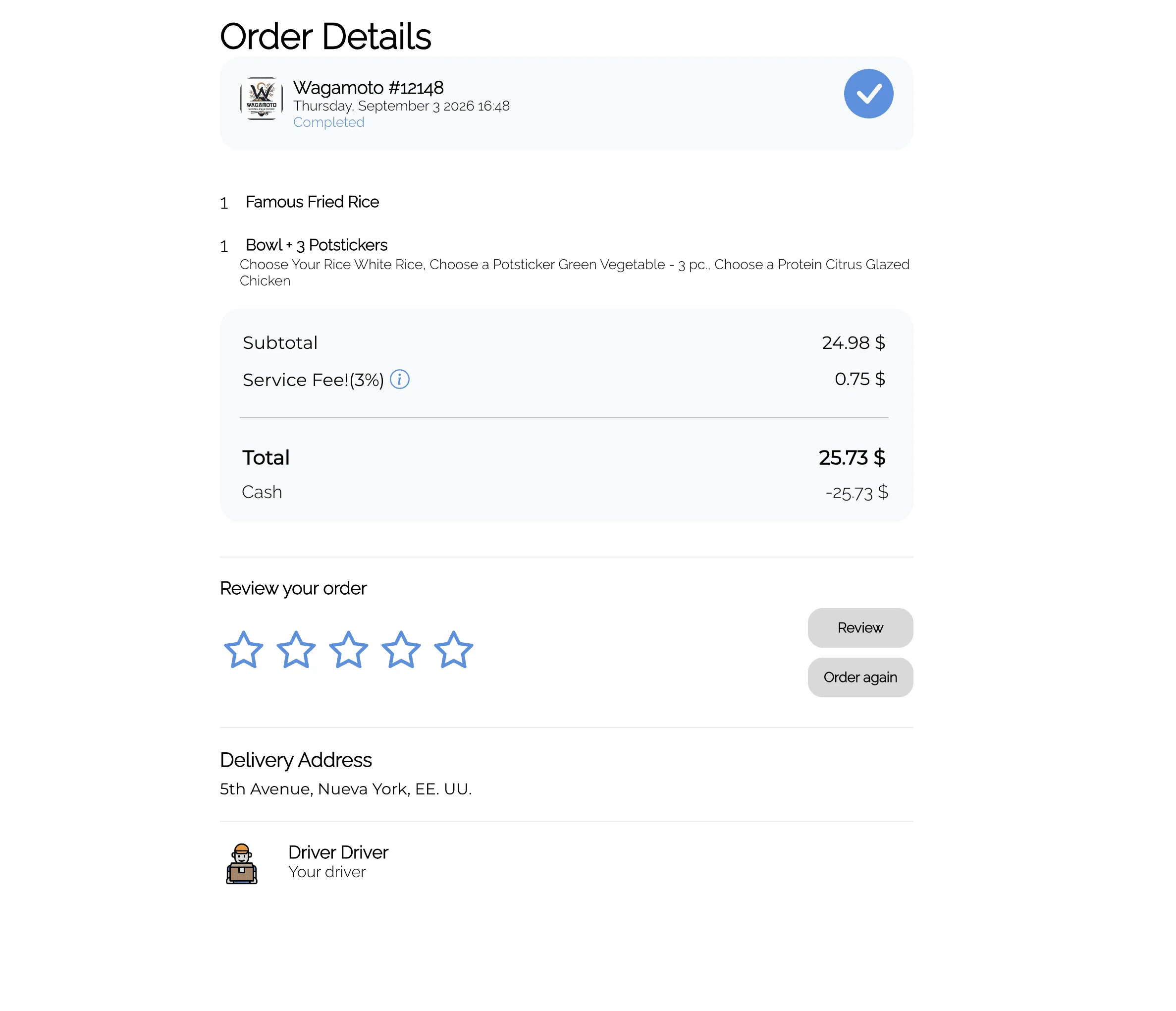 Completed order detail with items, total, rating, and delivery address