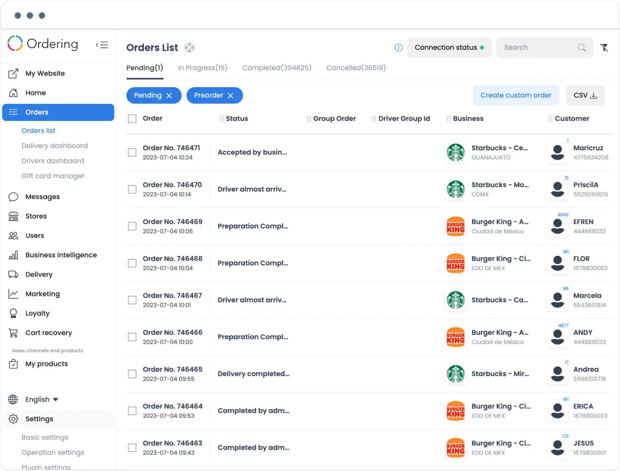 Order list with Starbucks and Burger King orders, their status, store, and customer