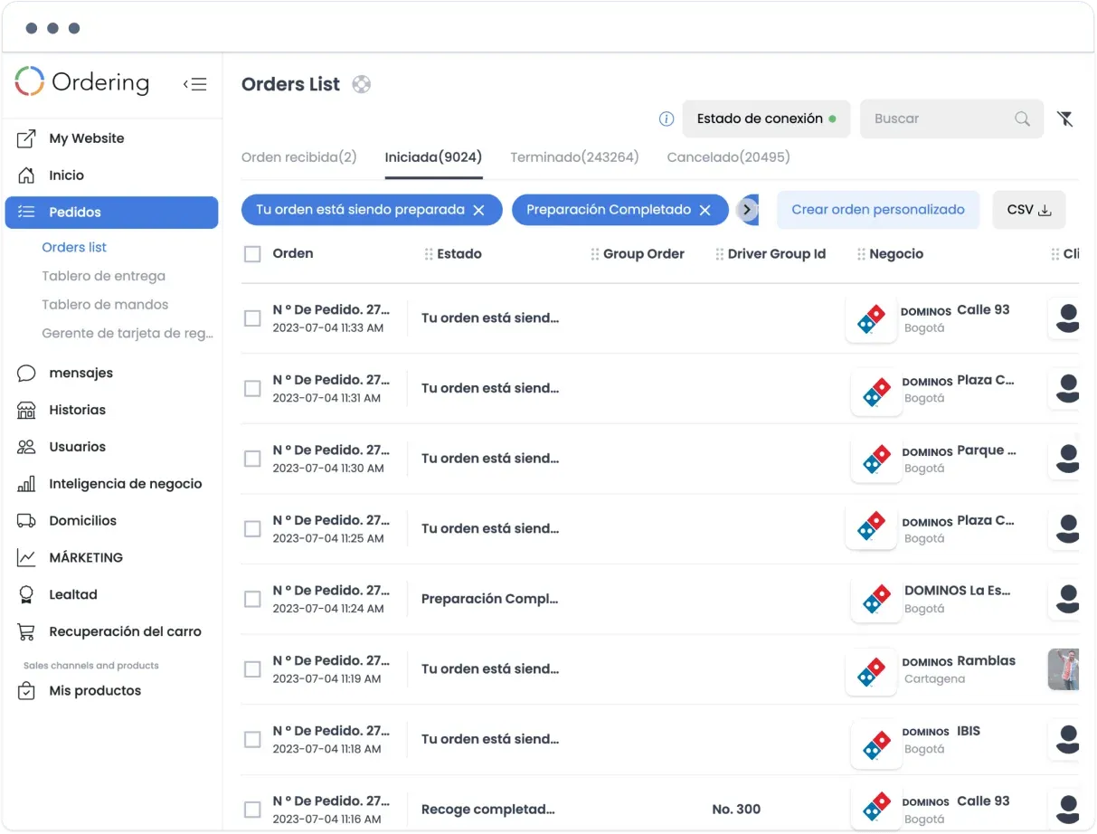Orders list with Domino's orders from stores in Bogotá and Cartagena and their preparation status