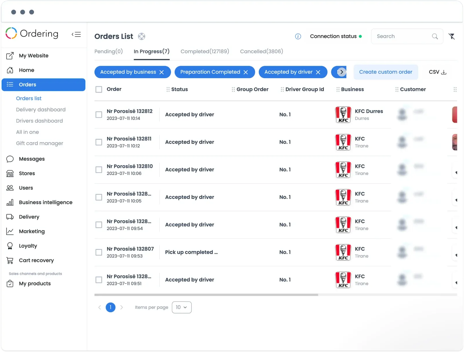 Ordering dashboard orders list with in-progress KFC Durres and KFC Tirane orders accepted by drivers