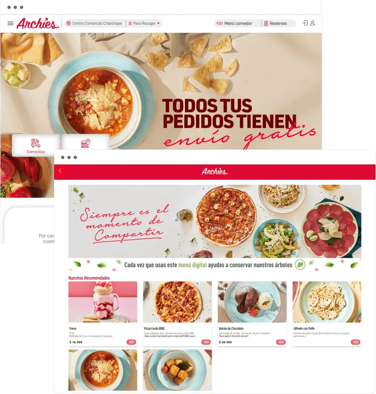 Archies website set to pickup at the Centro Comercial Chipichape store, in front of the digital menu with recommended dishes
