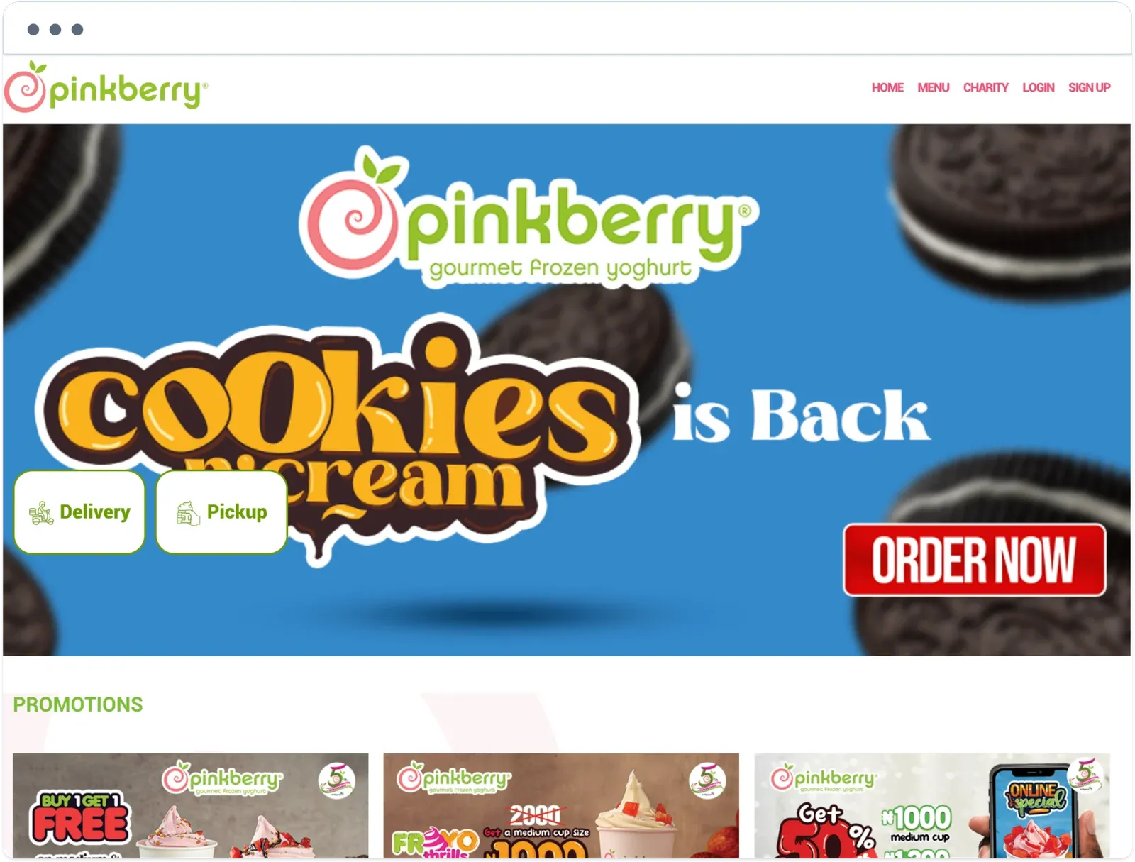 Pinkberry ordering website with a cookies and cream banner, delivery and pickup buttons, and a promotions row