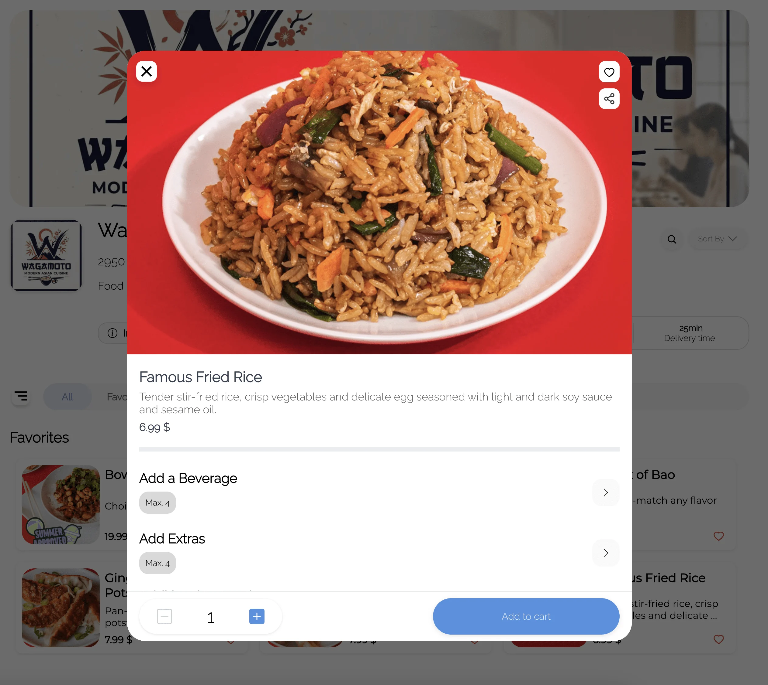 Product details with a photo, options, quantity, and add to cart action