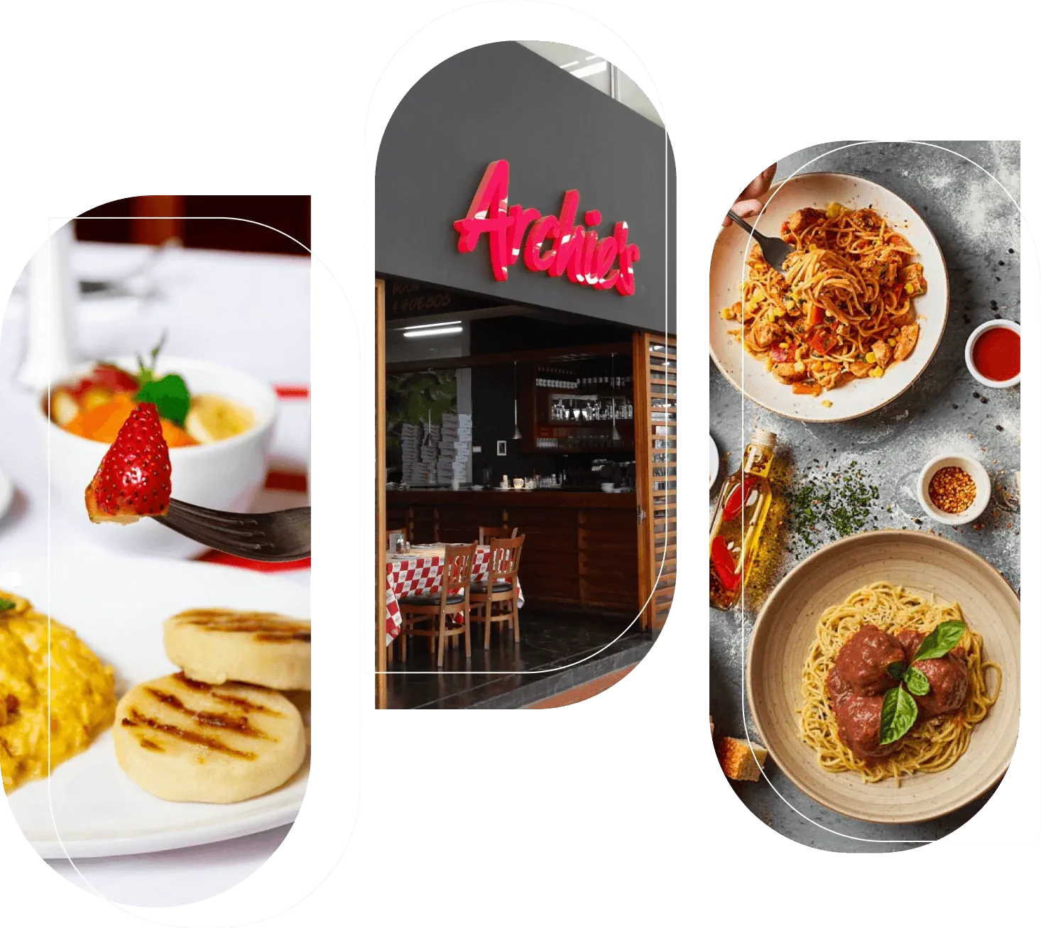 An Archies restaurant entrance with its red sign and checkered tablecloths, between a breakfast plate and two pasta dishes