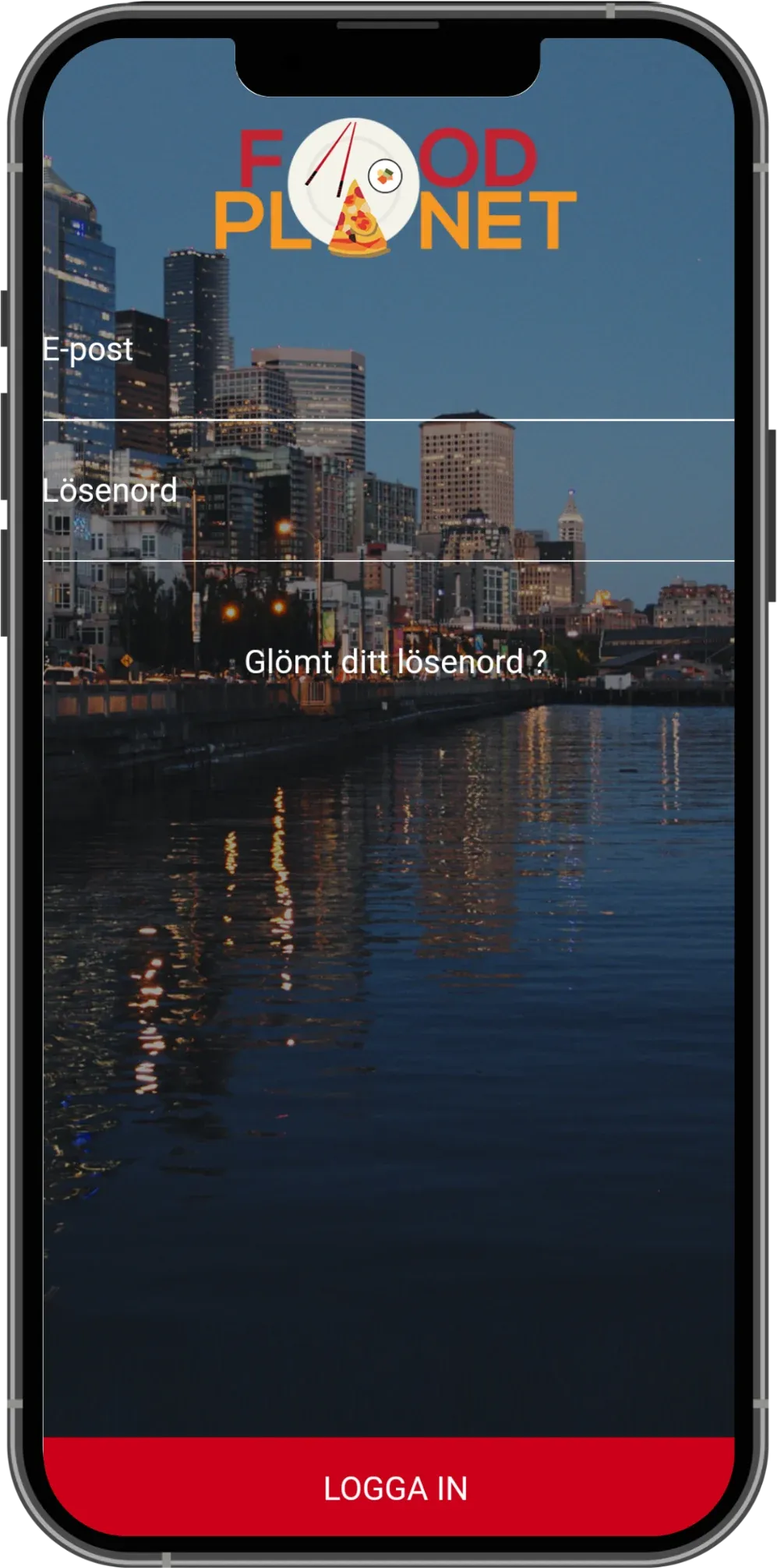 Food Planet store app sign-in screen over a city skyline at night