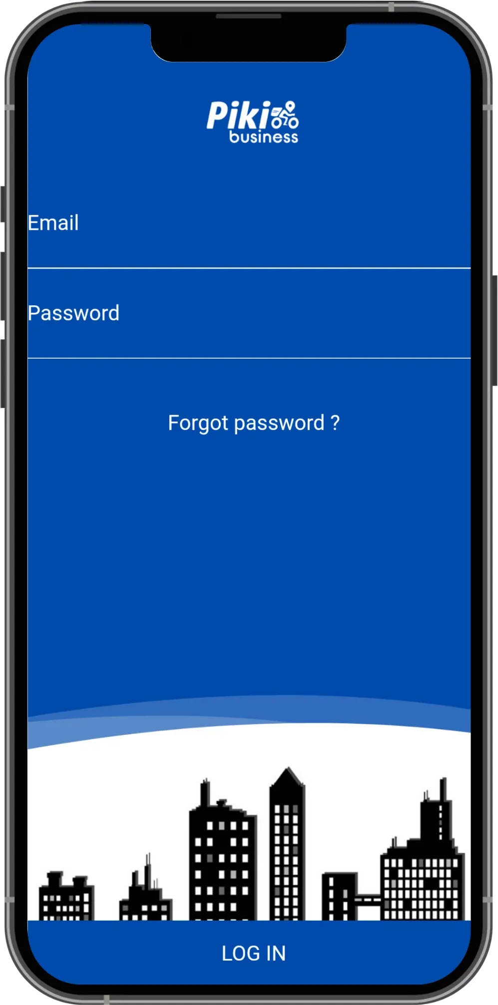 Piki Business store app sign-in screen with email and password fields