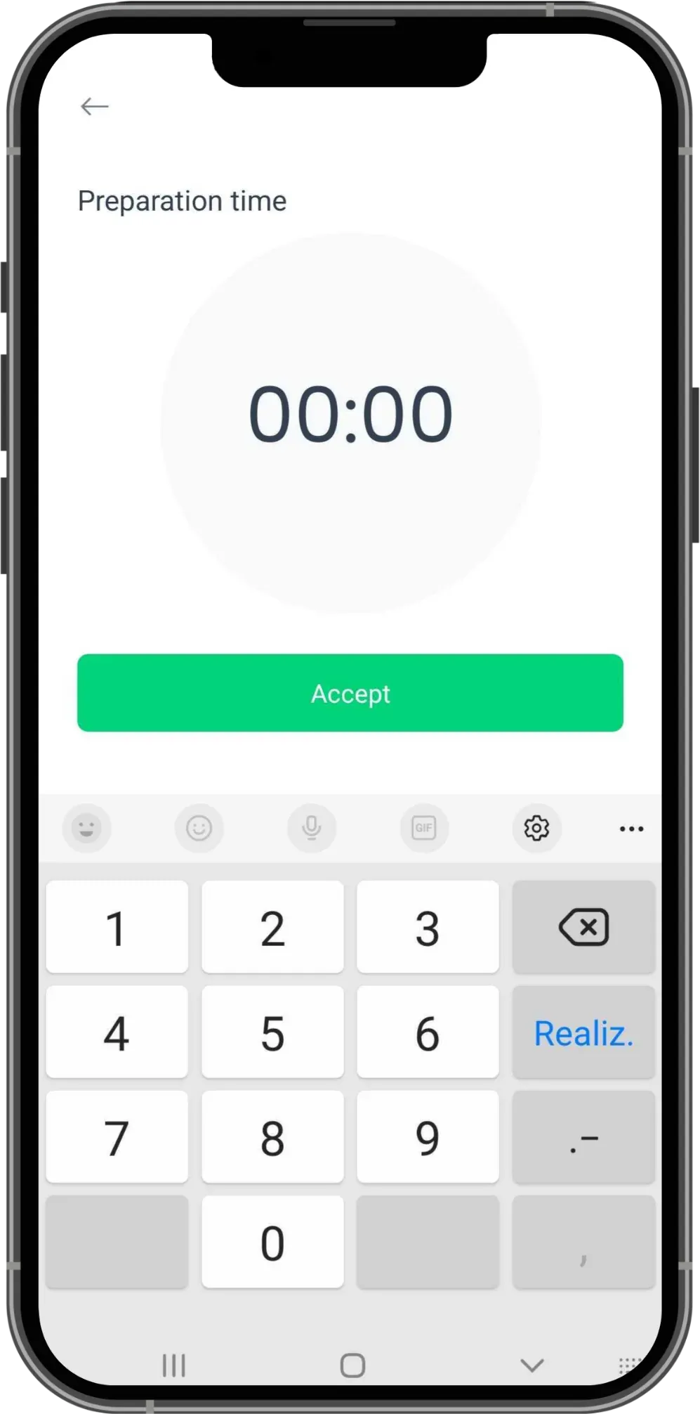 Store app preparation time screen with a timer, a number pad, and an Accept button
