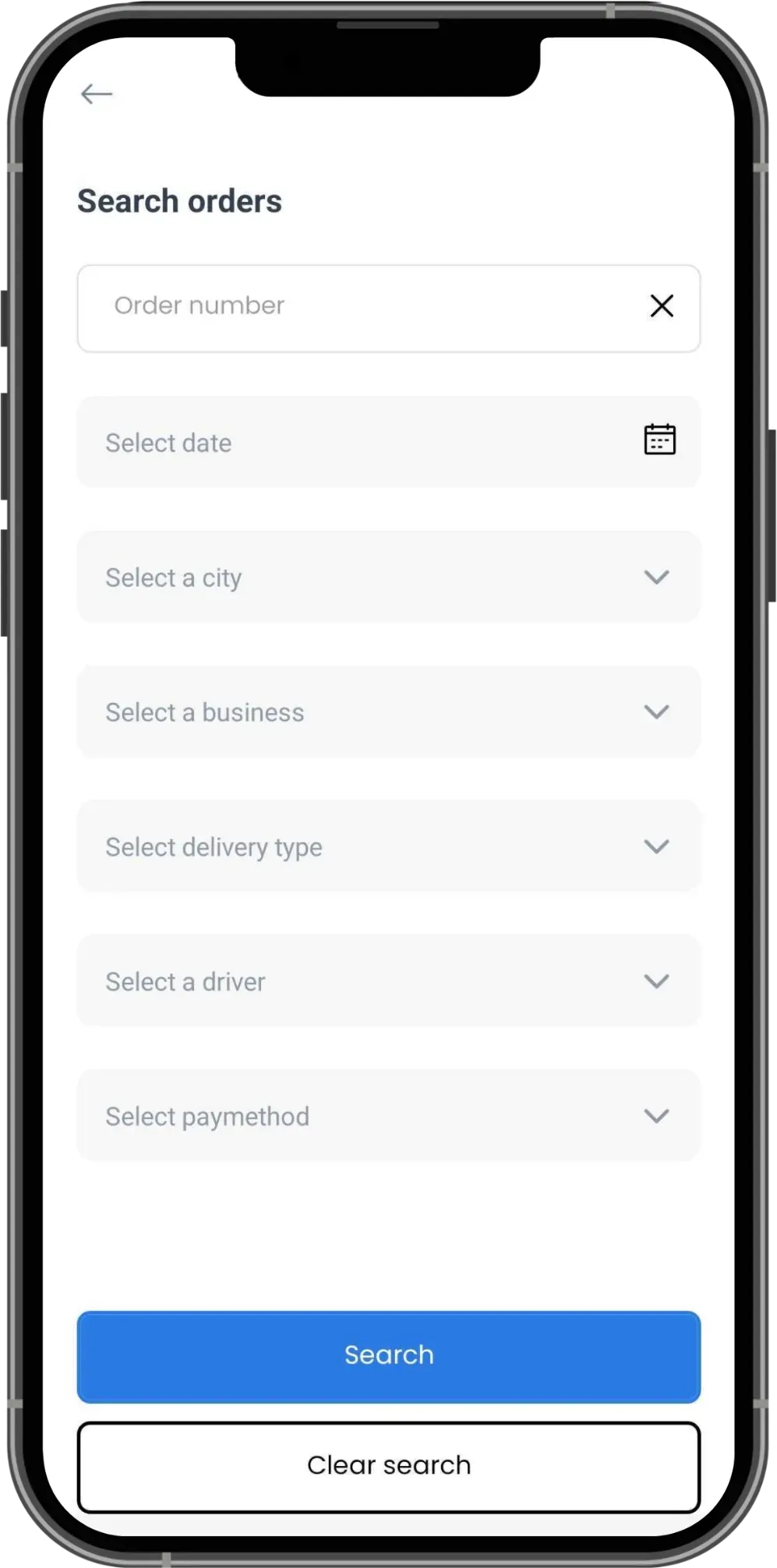 GotChew store app order search with filters for date, city, business, delivery type, driver, and payment method