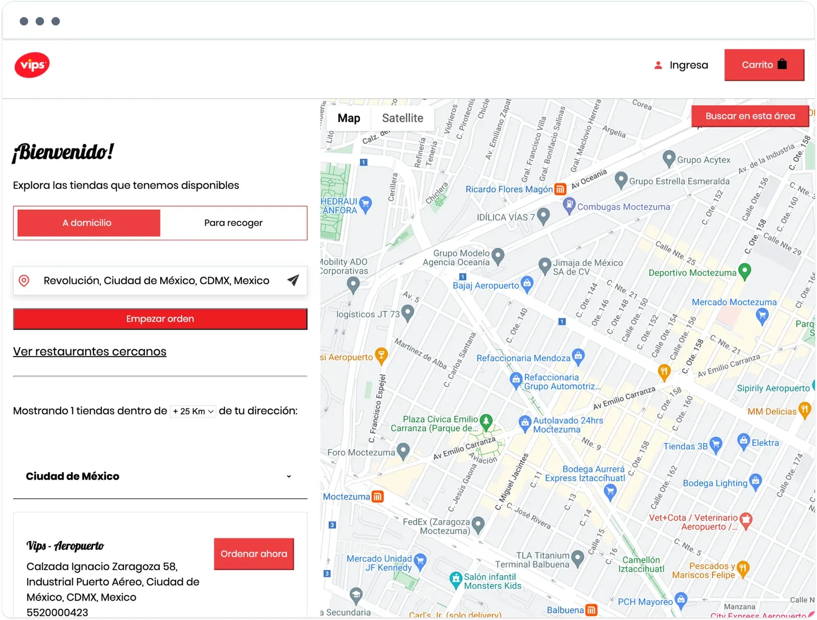 Vips store finder with an address in Mexico City, delivery and pickup options, the Vips Aeropuerto restaurant, and a map