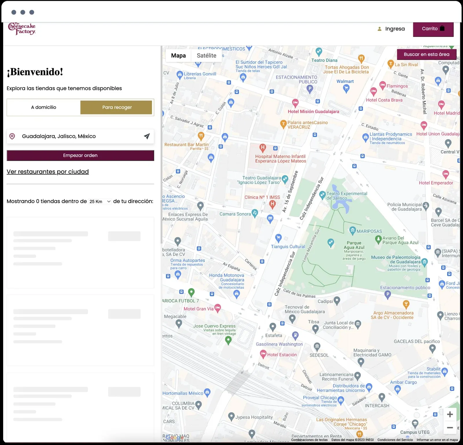 Store finder on The Cheesecake Factory Mexico website, with delivery and pickup options, an address in Guadalajara, and a map