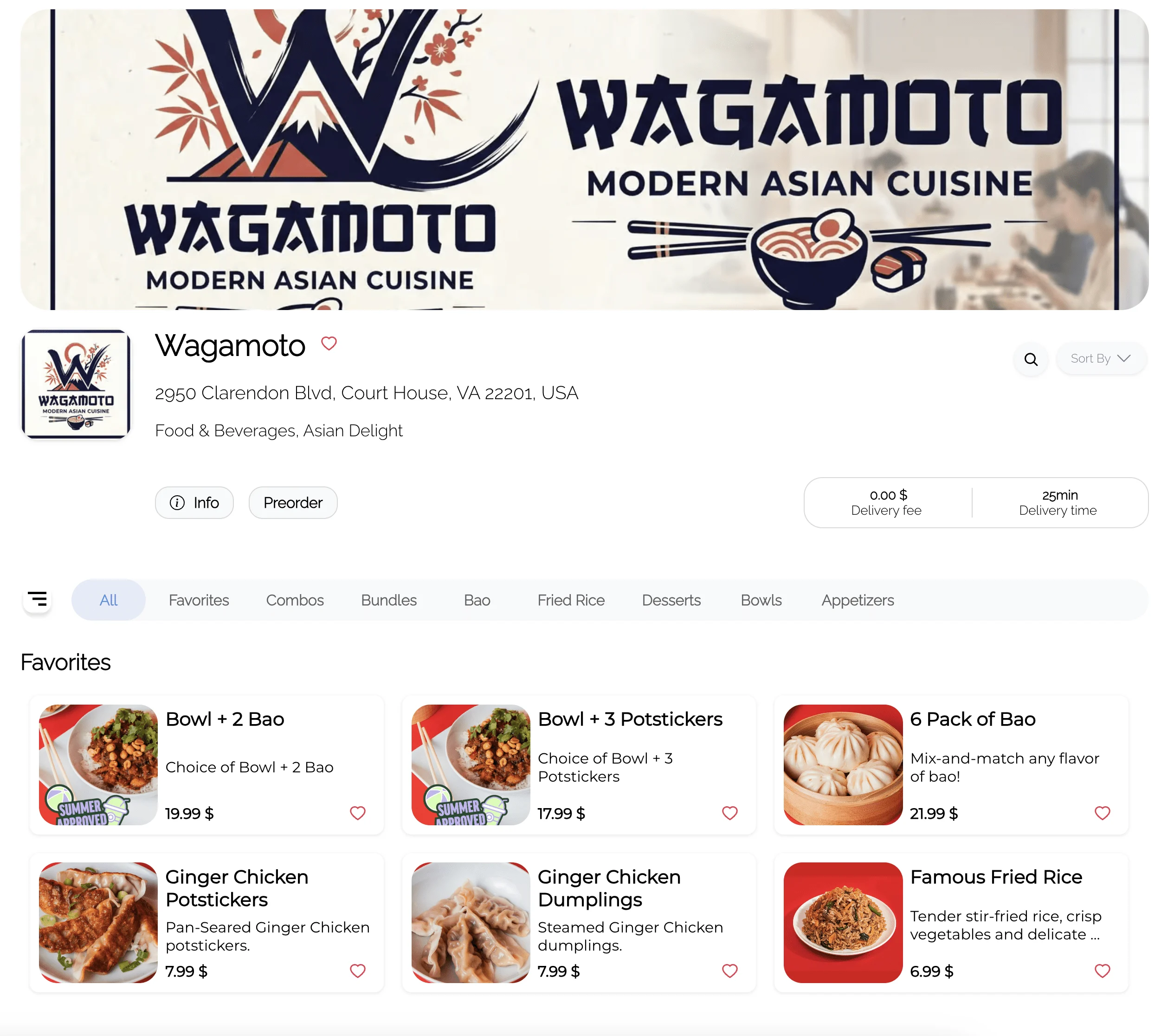 Business page with menu categories, product photos, and store information