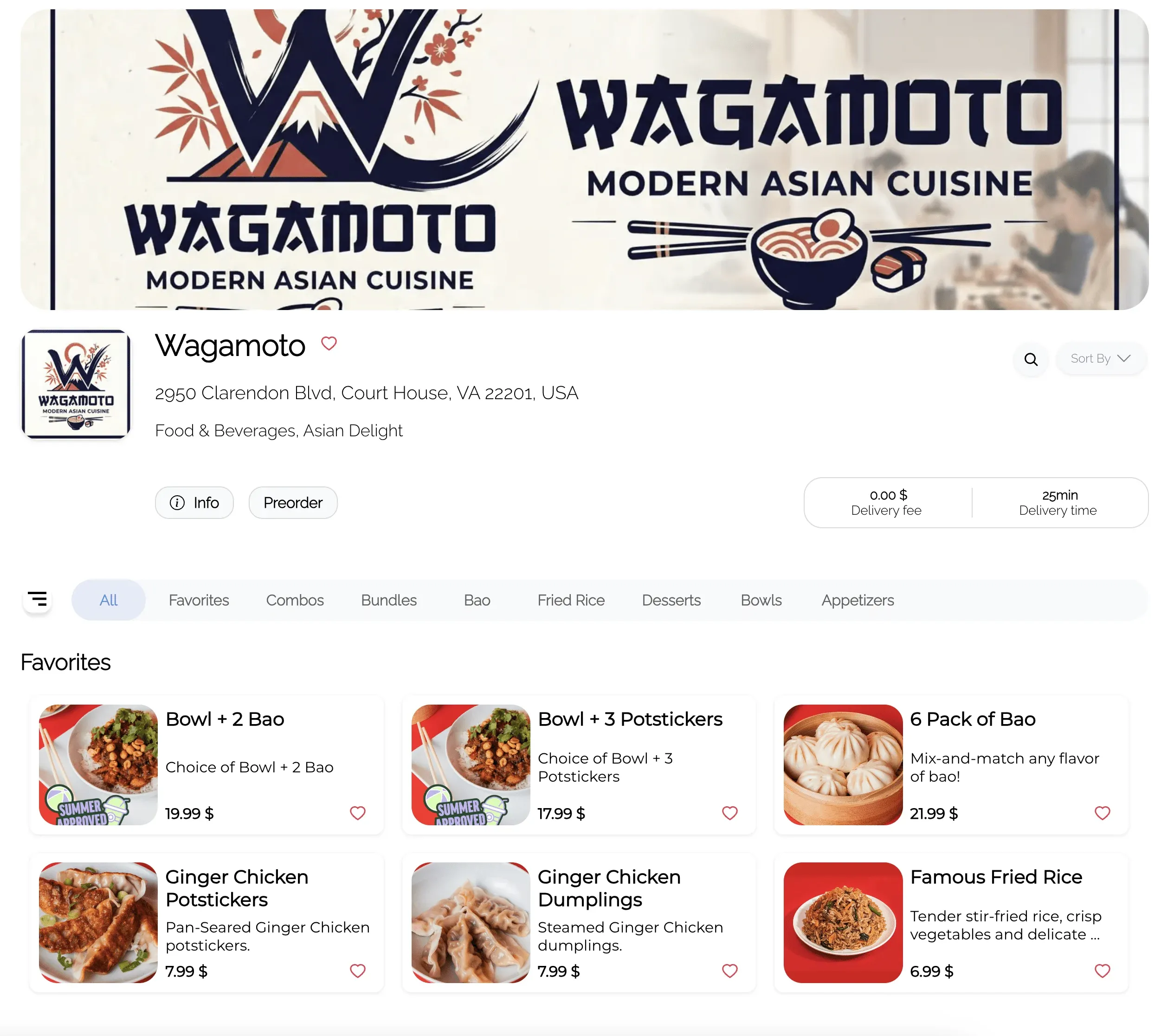 Single-restaurant ordering page with the brand banner and a favorites menu