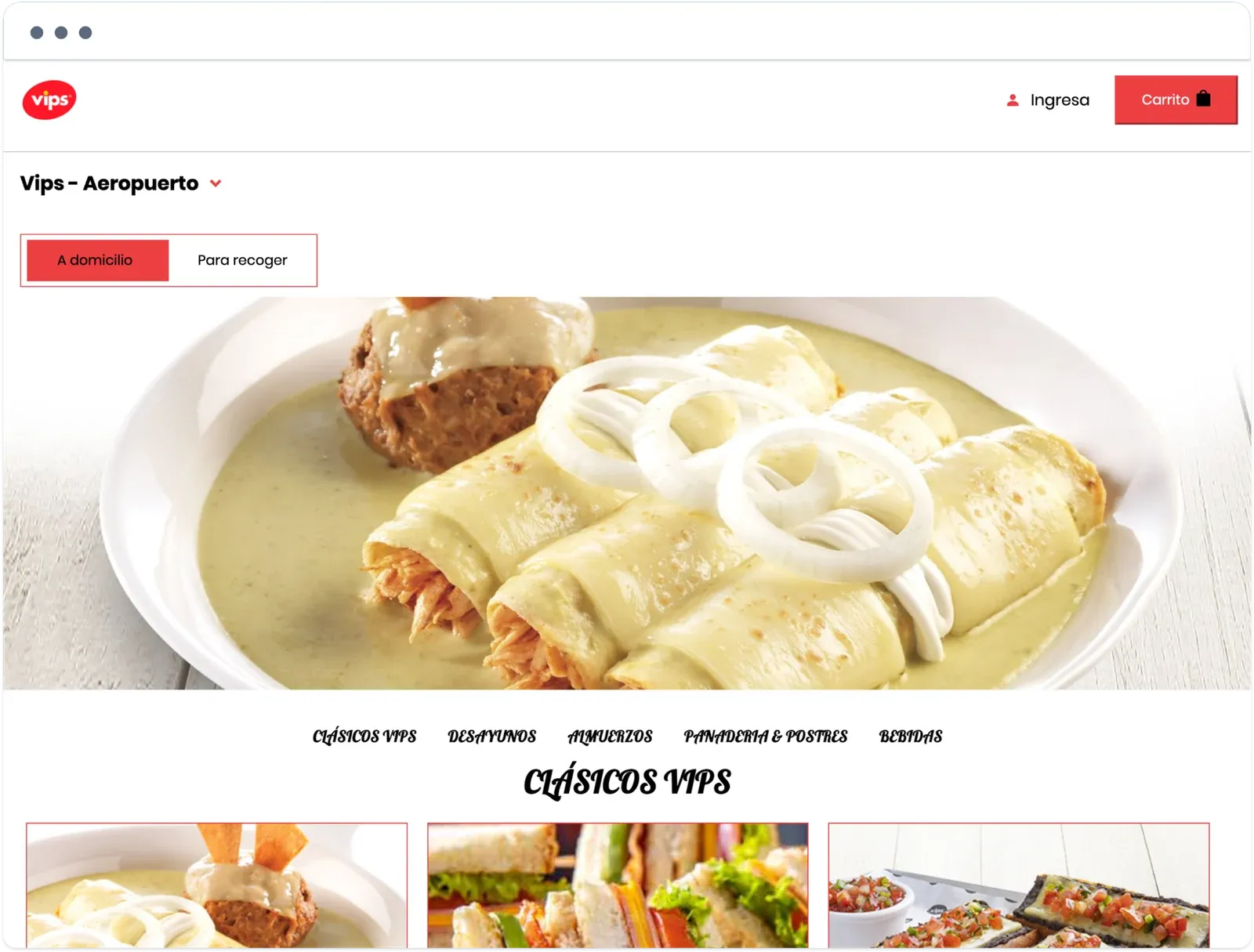 Vips Aeropuerto store page on the Vips Mexico ordering website, with delivery and pickup options, a photo of enchiladas, and the Clásicos Vips menu