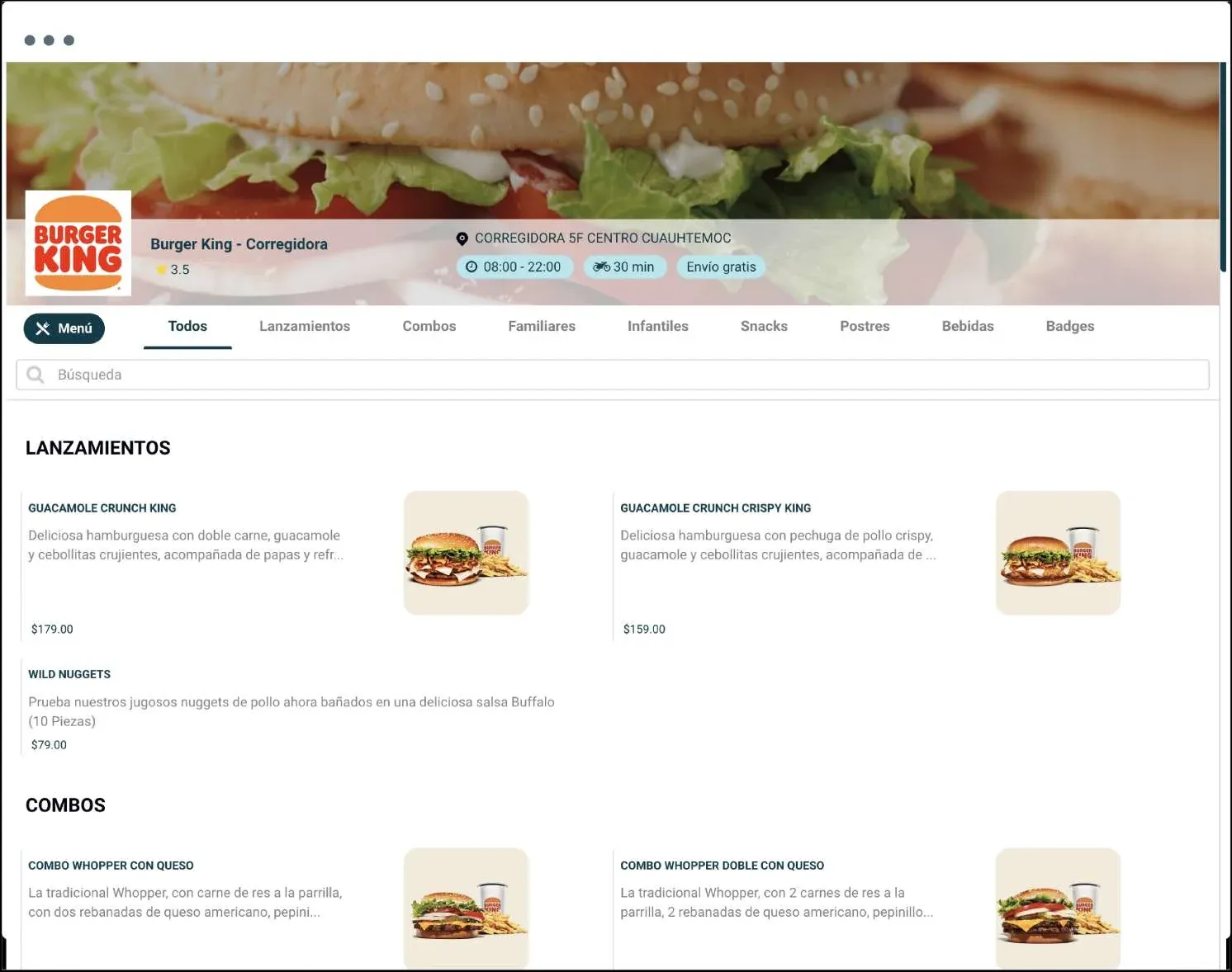Burger King storefront on WOW+, with its menu categories, store hours, and delivery details