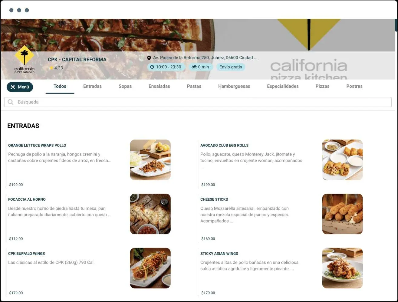 California Pizza Kitchen storefront on WOW+, with its menu categories, store hours, and delivery details