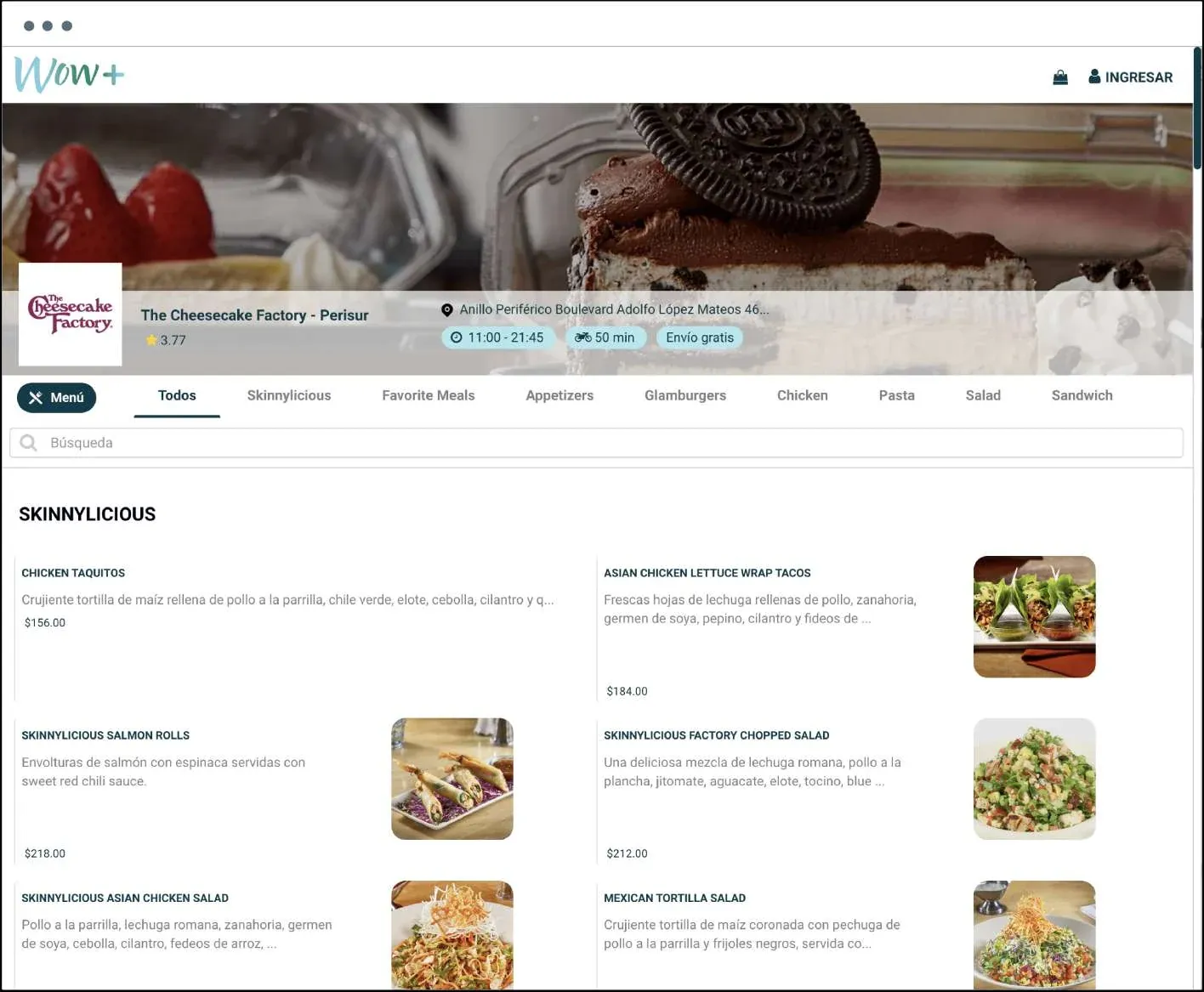 The Cheesecake Factory storefront on WOW+, with its menu categories, store hours, and delivery details