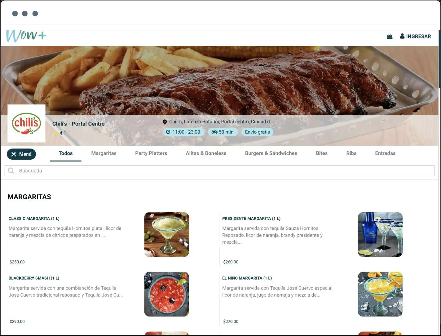 Chili's storefront on WOW+, with its menu categories, store hours, and delivery details