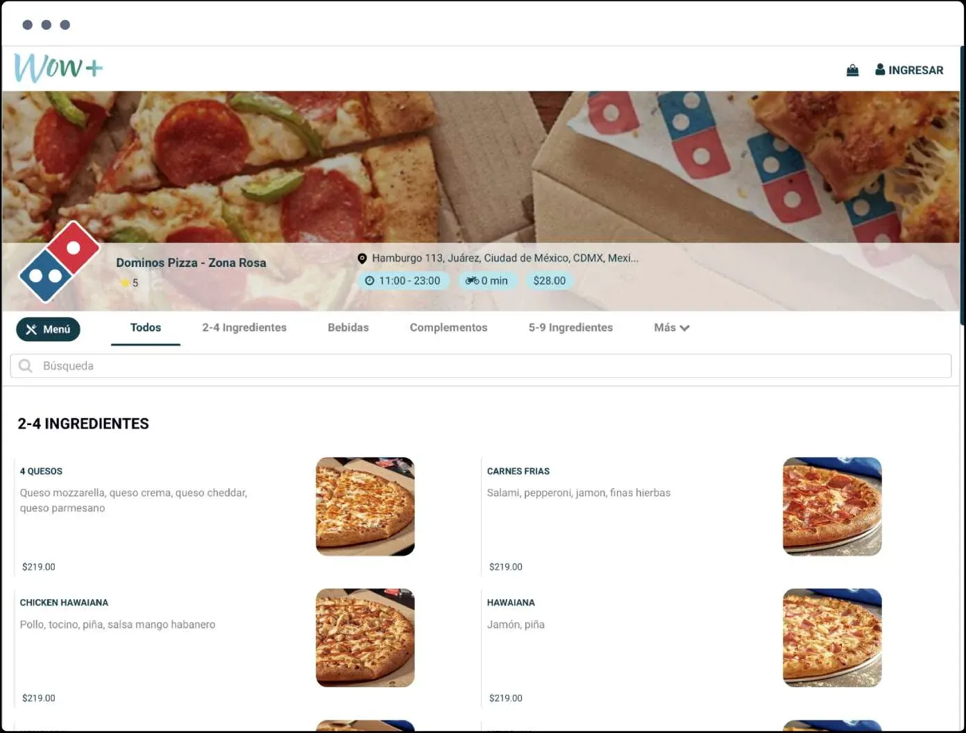 Domino's Pizza storefront on WOW+, with its menu categories, store hours, and delivery details