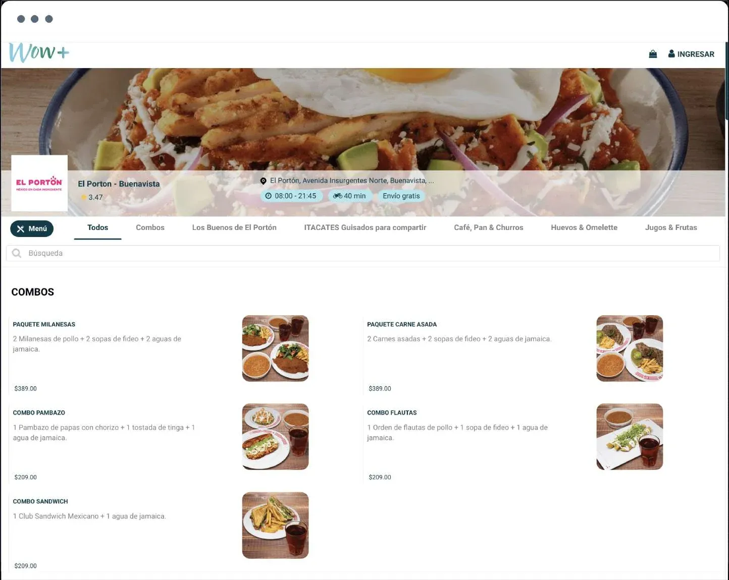 El Portón storefront on WOW+, with its menu categories, store hours, and delivery details