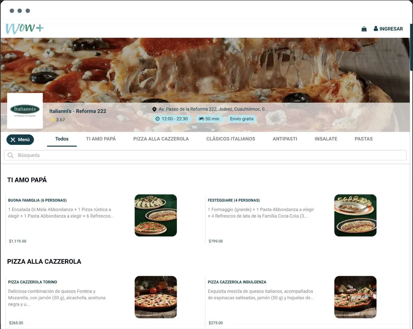 Italianni's storefront on WOW+, with its menu categories, store hours, and delivery details