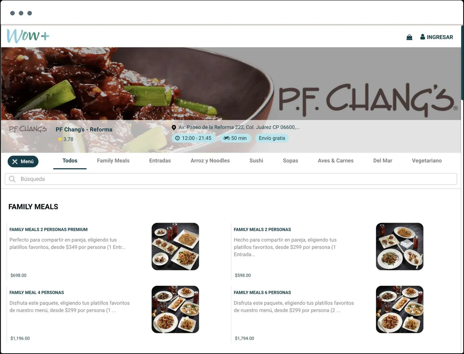 P.F. Chang's storefront on WOW+, with its menu categories, store hours, and delivery details