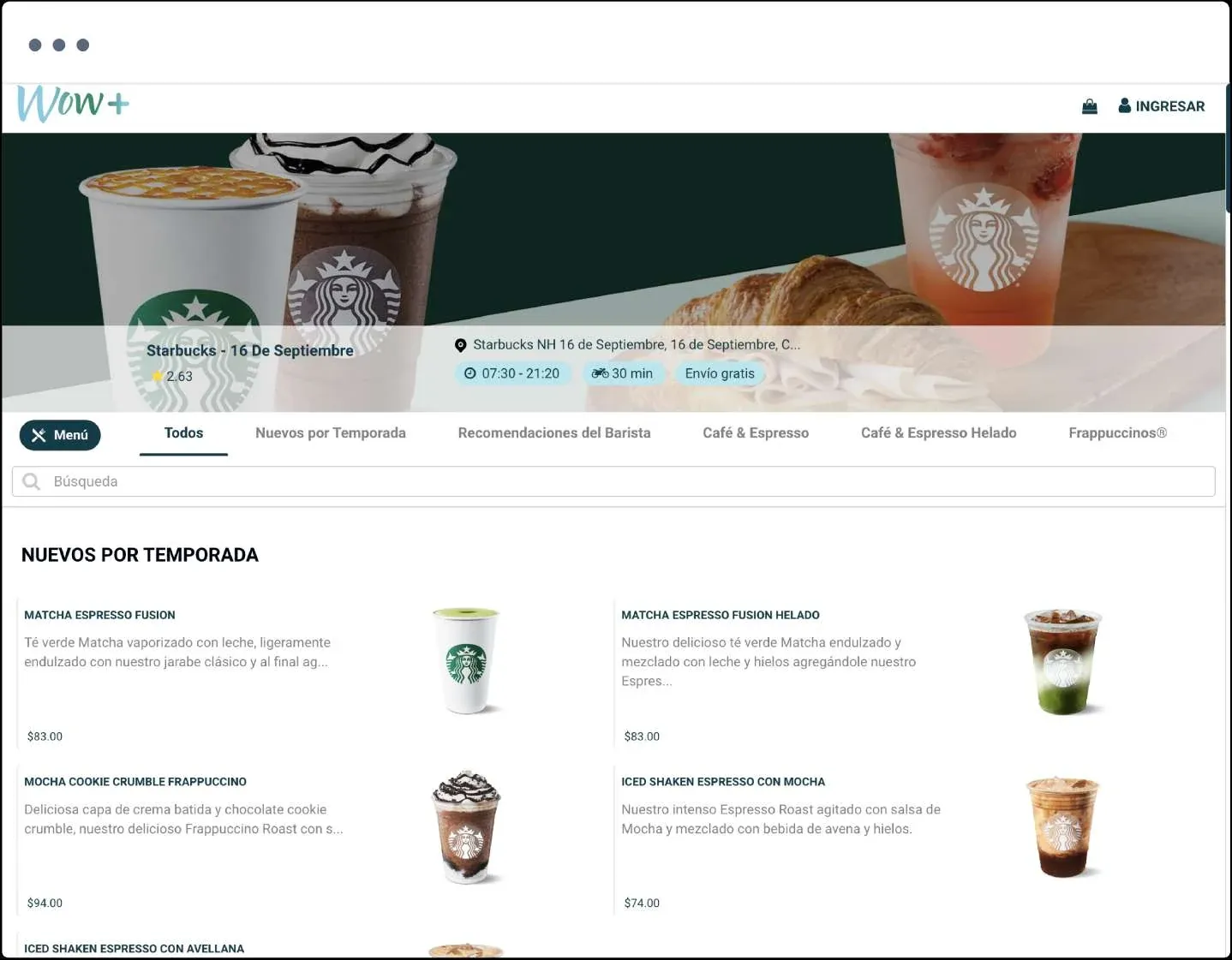 Starbucks storefront on WOW+, with its menu categories, store hours, and delivery details