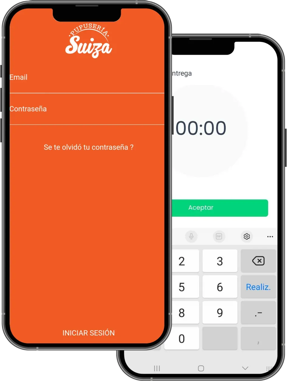 Two phones with a Pupusería Suiza app: the sign-in screen and a delivery time entry screen with a keypad