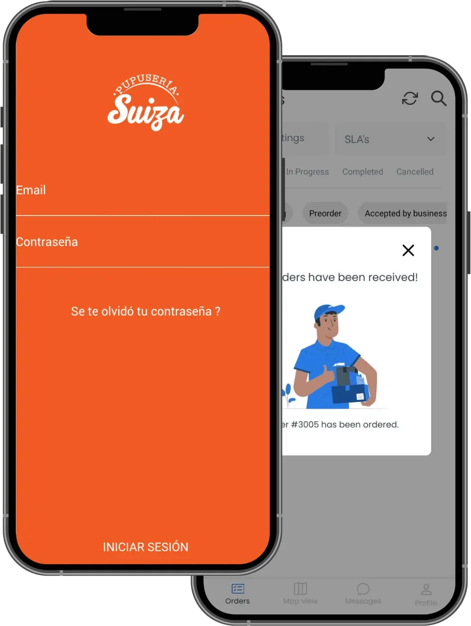 Two phones with a Pupusería Suiza app: the sign-in screen and an order list showing a new order notification