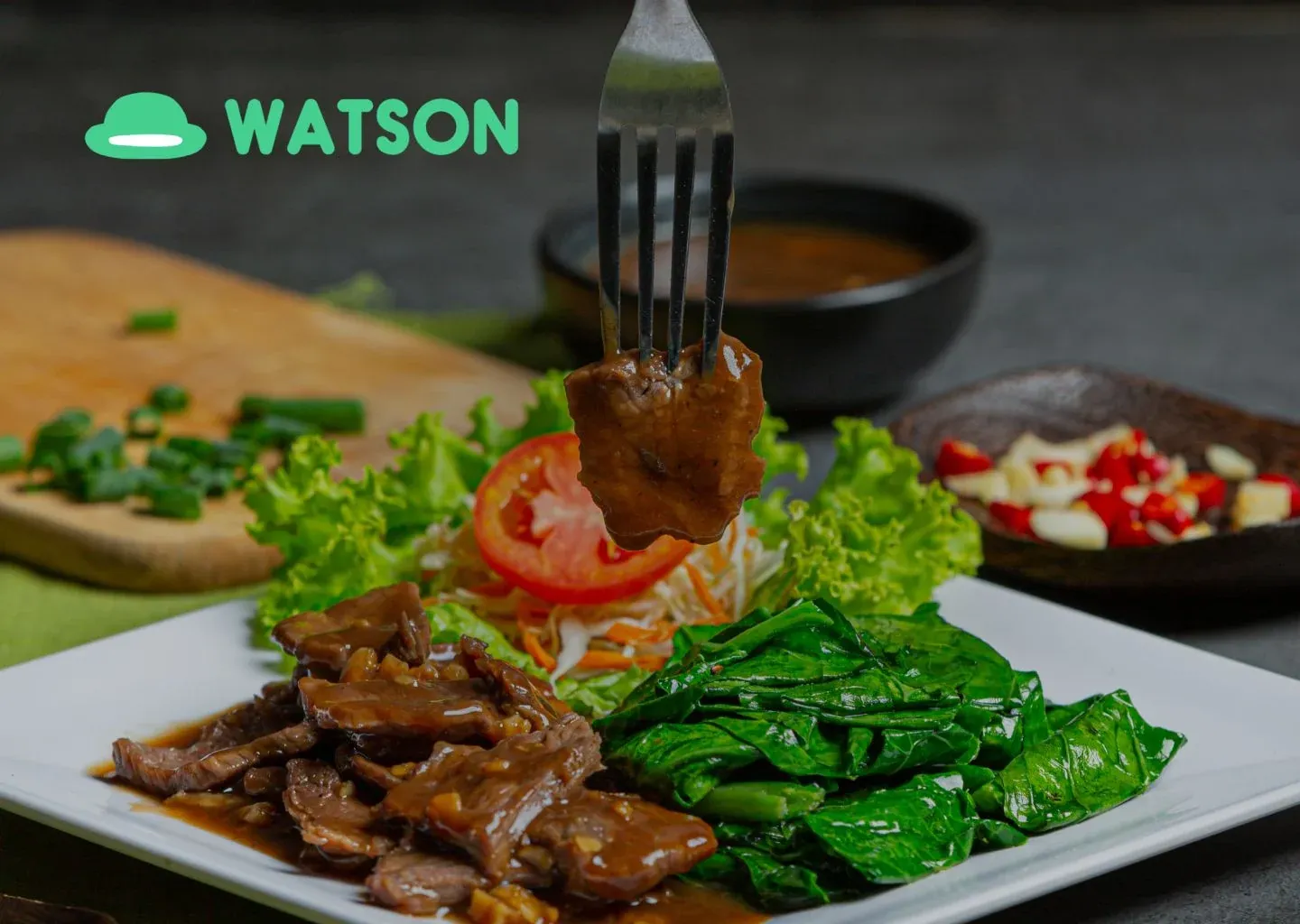 Watson cover image with the green Watson hat logo above a plate of beef, greens, and tomato