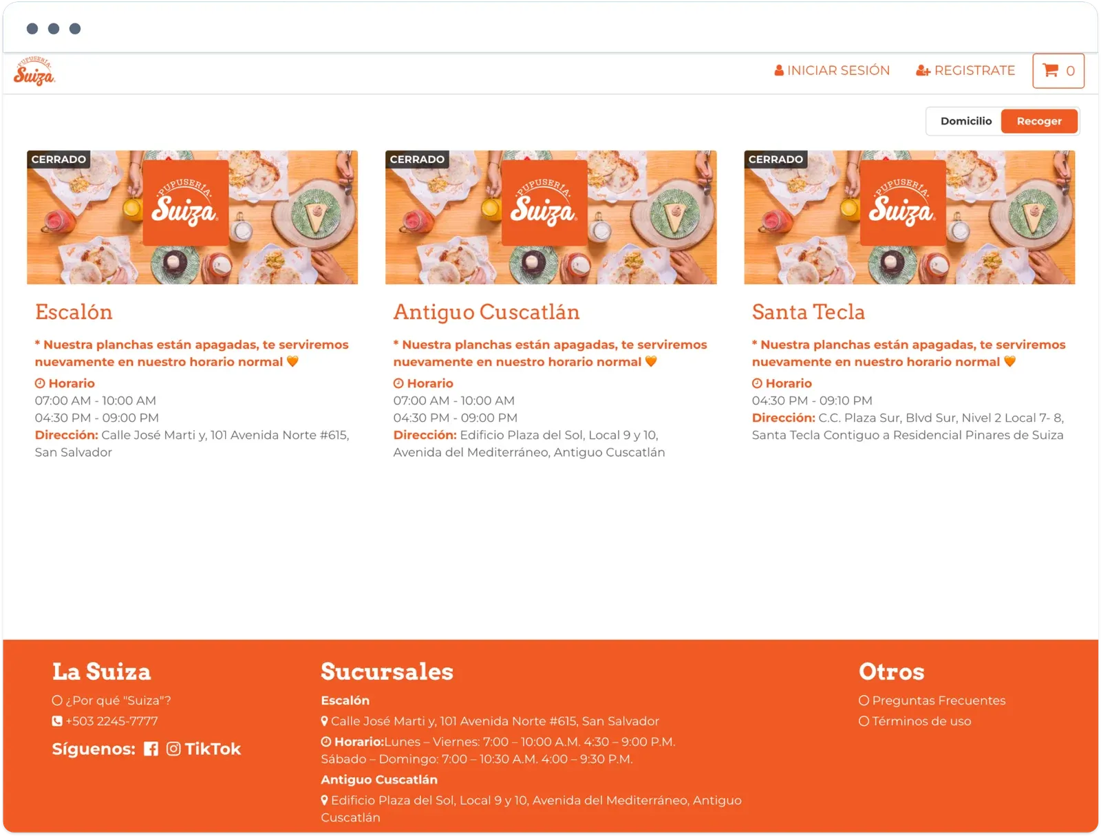 Pupusería Suiza website listing the Escalón, Antiguo Cuscatlán, and Santa Tecla branches with their hours and addresses