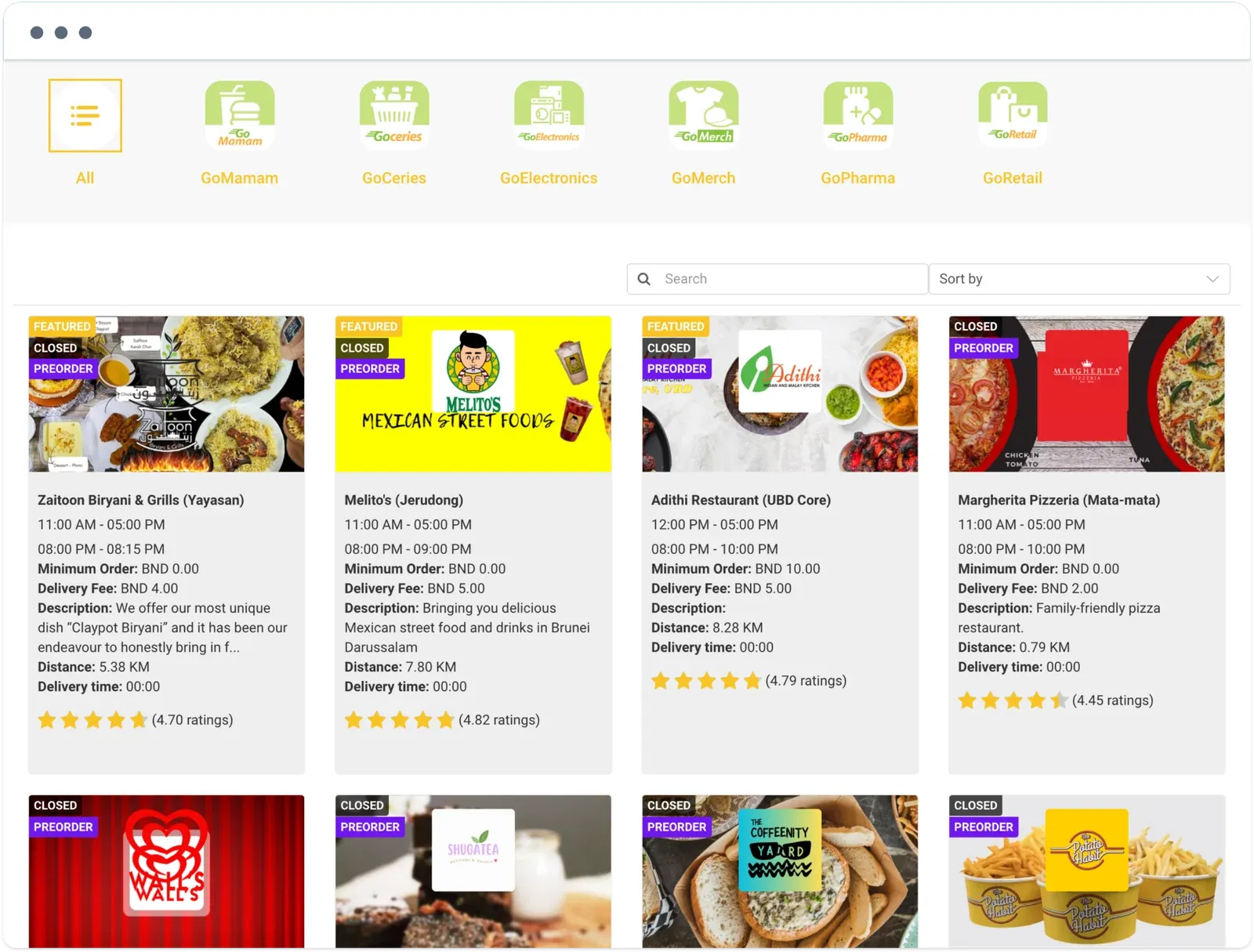 GoMamam website category bar and restaurant cards with hours, minimum order, delivery fee, distance, and ratings