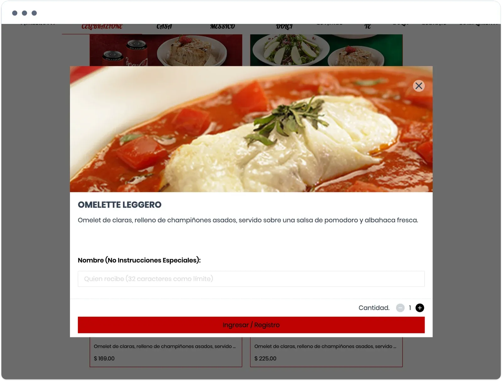 Italianni's website dish window for Omelette Leggero, with a photo, description, special instructions field, and quantity