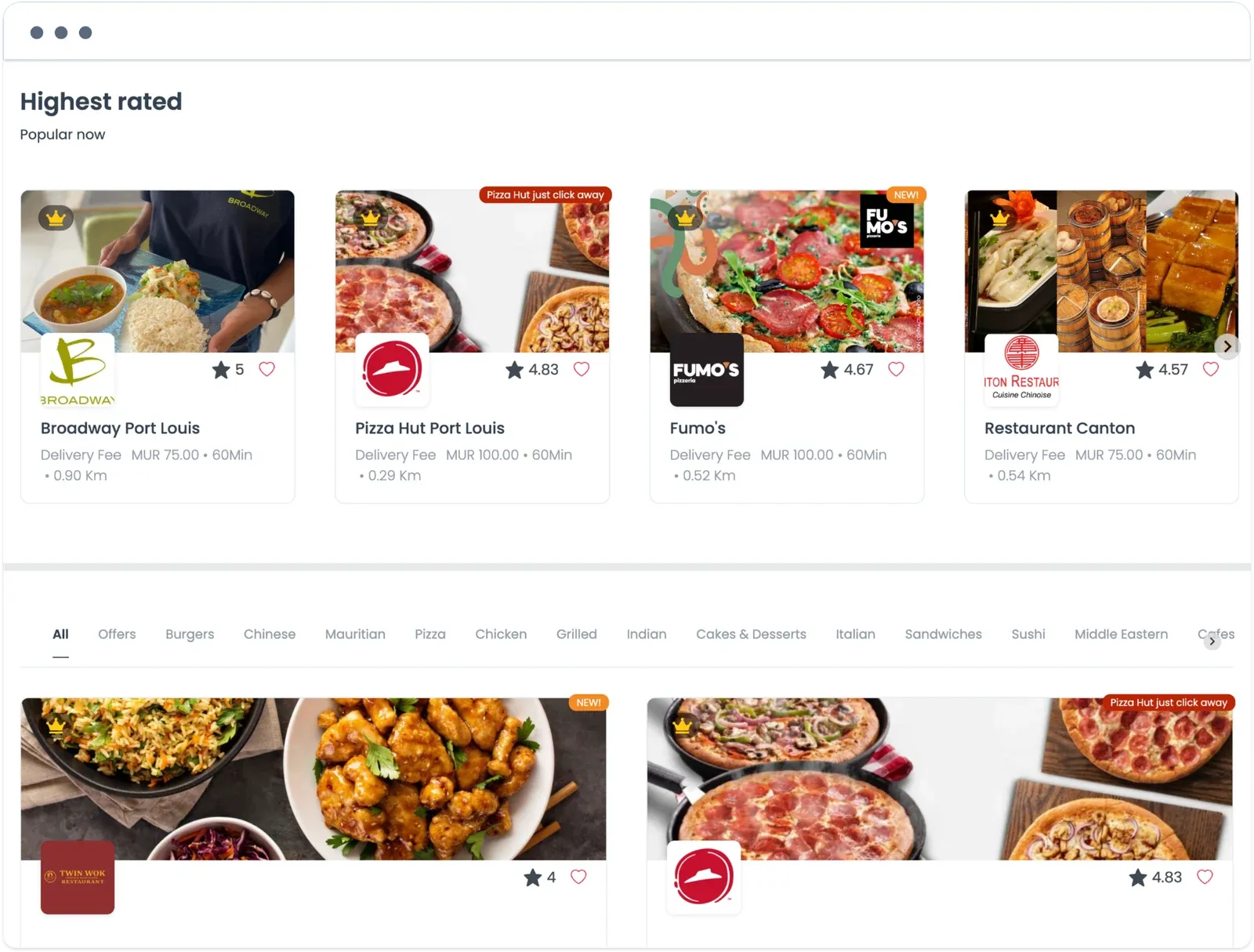 HungryDodo website showing highest-rated restaurants in Port Louis with delivery fees, times, and cuisine filters