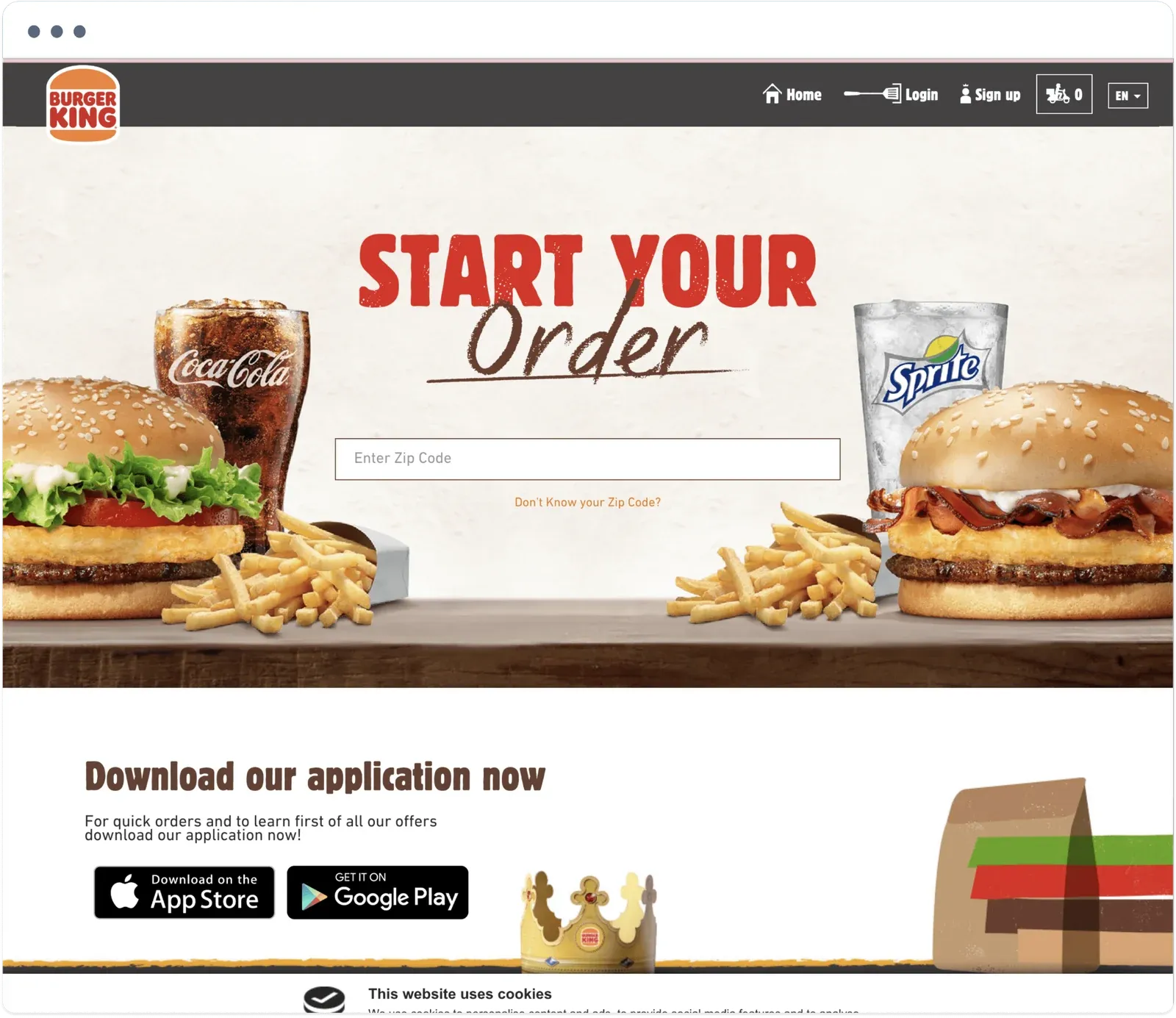 Burger King Cyprus website home page with a Start your order zip code search and links to download the app