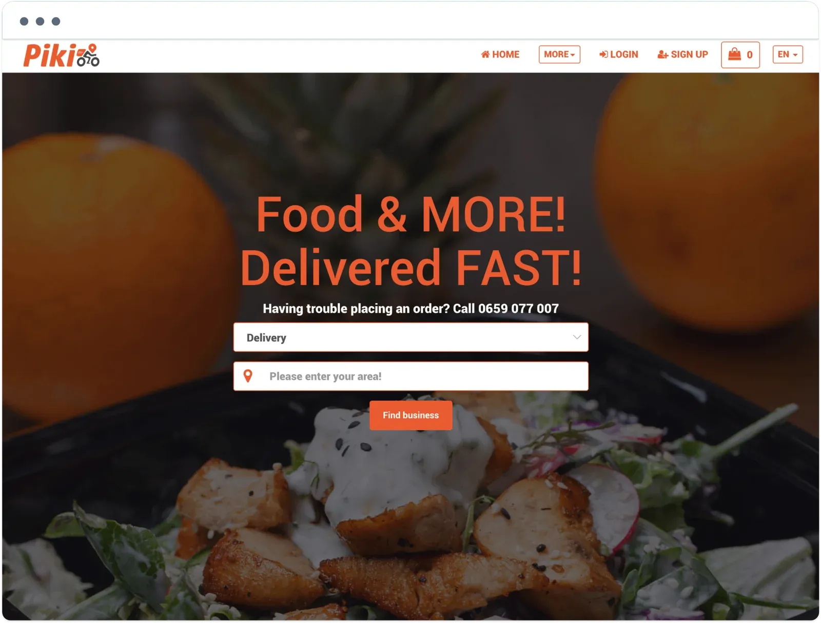 Piki ordering website home with the headline Food & More! Delivered Fast!, a delivery selector, an area search, and a Find business button