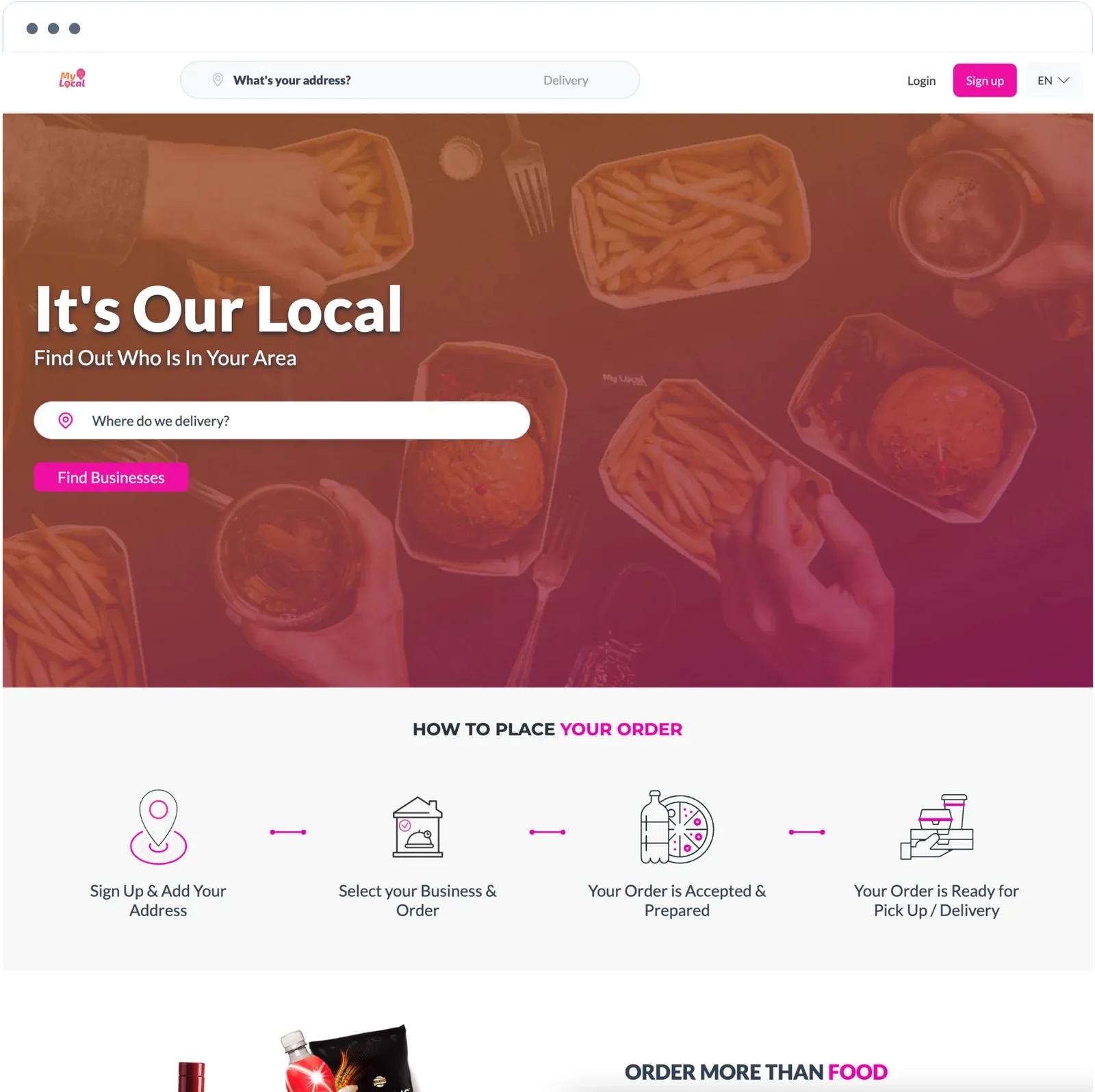 MyLocal website home page with the headline It's Our Local, a delivery address search, and the four steps to place an order